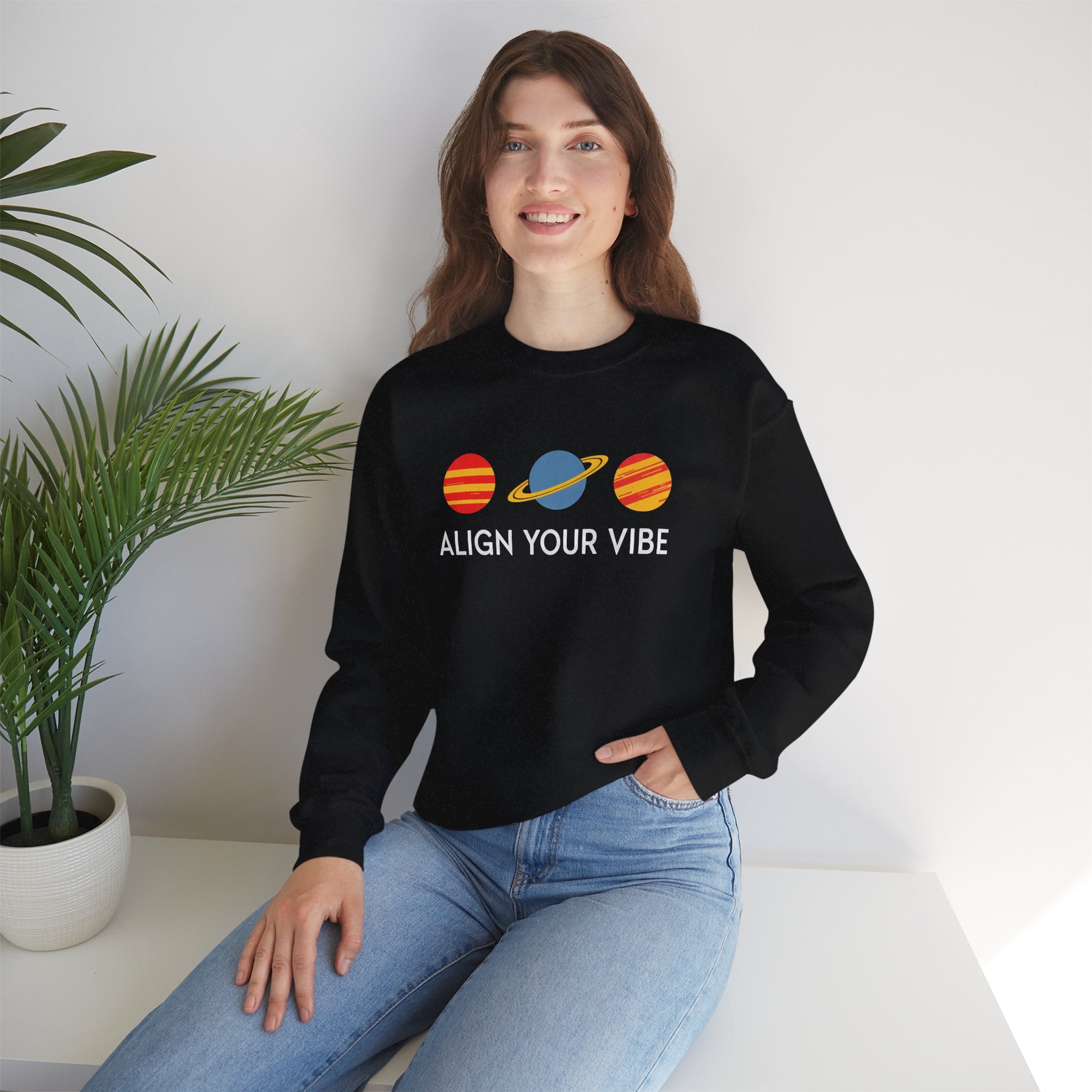 Align Your Vibe Crewneck Sweatshirt — Retro Planets Graphic