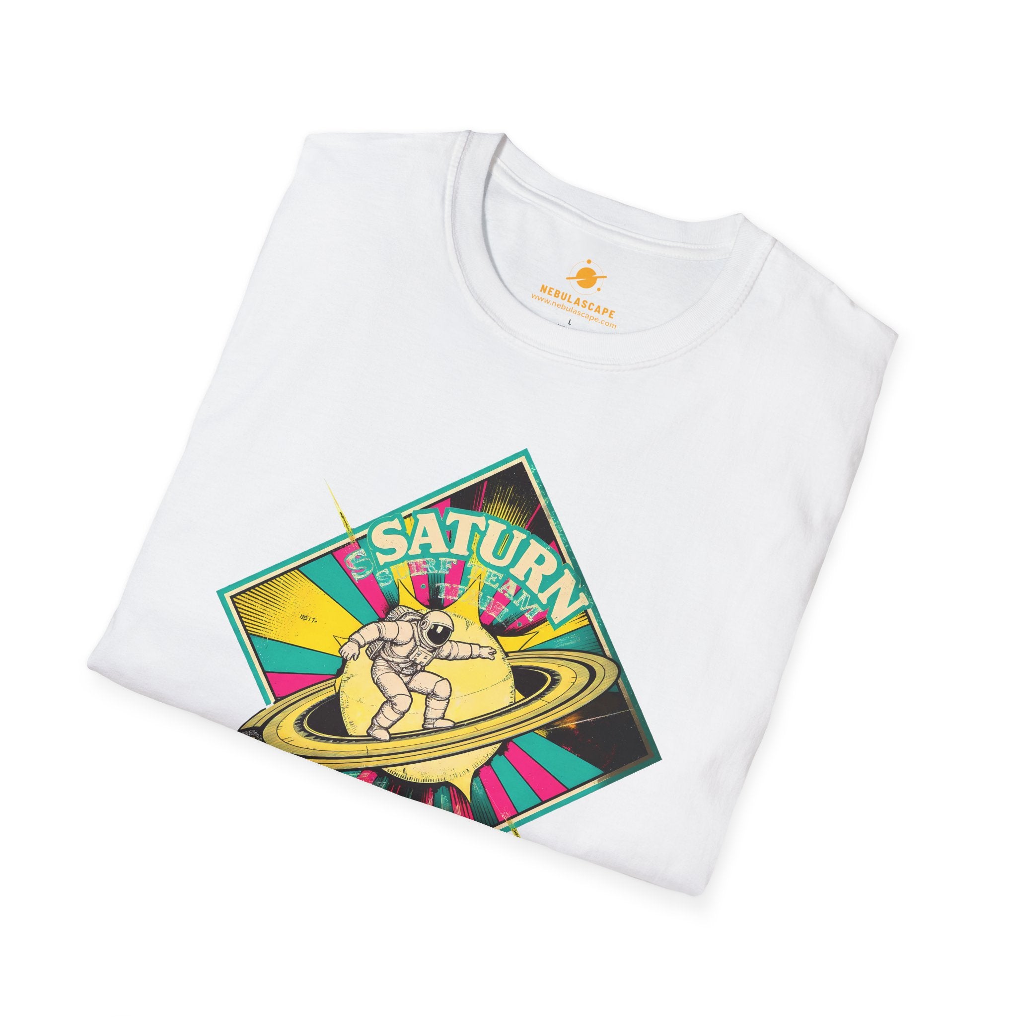 Saturn Surf Graphic T-Shirt — Retro Space Cat on Saturn"