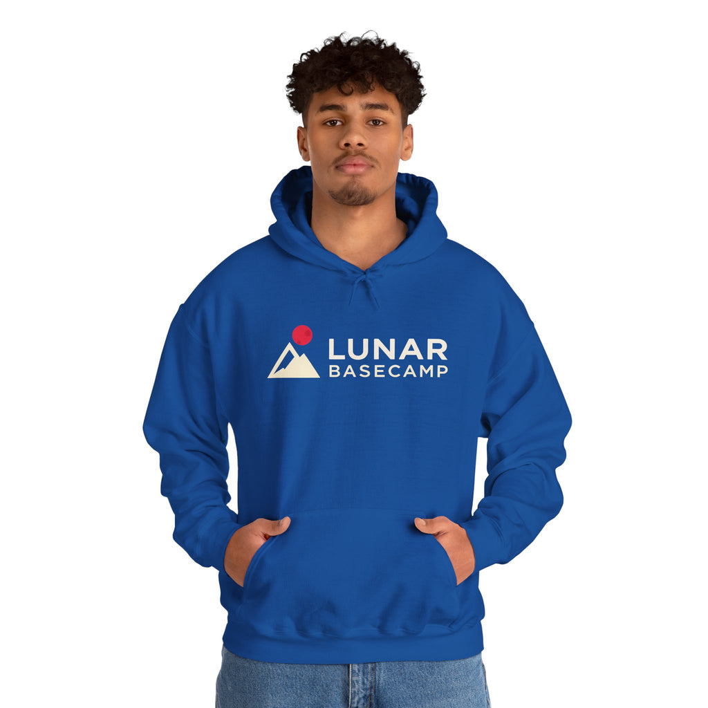 Lunar Basecamp Hoodie — Minimal Space Logo Astronaut Sweatshirt