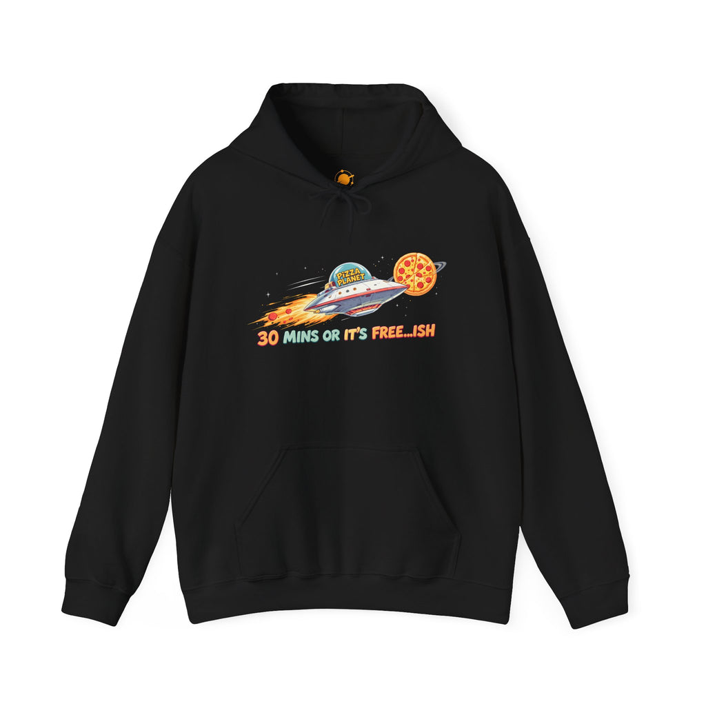 Pizza UFO Hoodie — “30 mins or it’s free...ish” Funny Space Pizza Hoodie