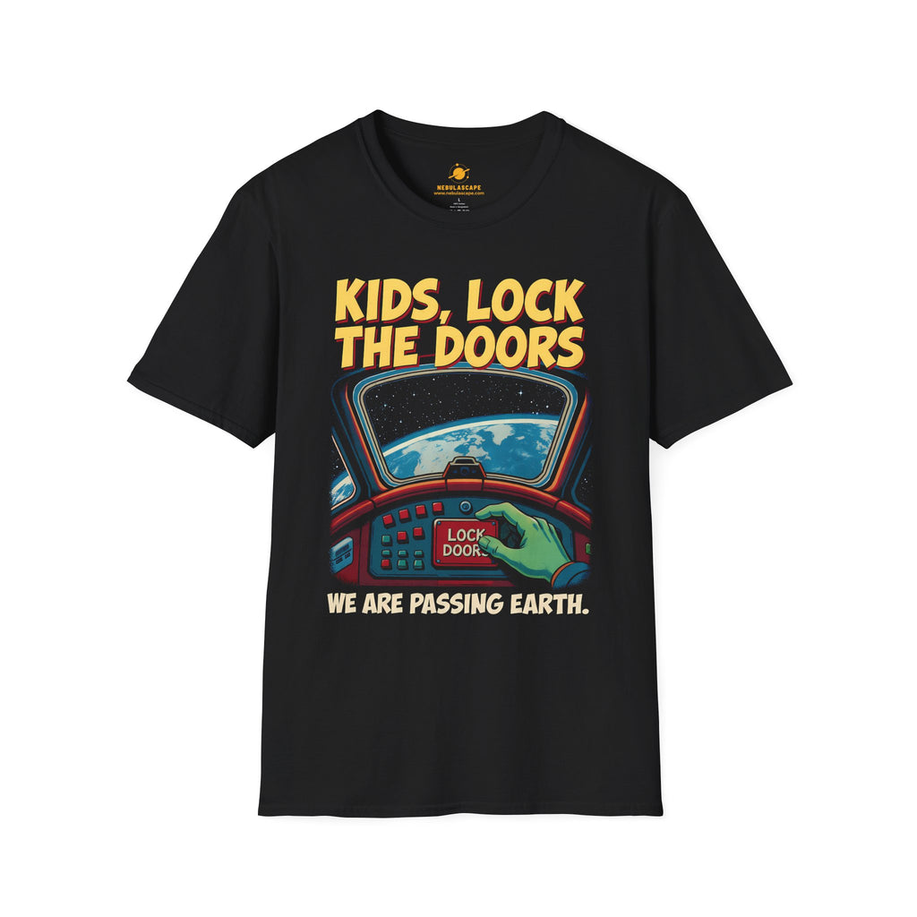 Kids, Lock The Doors T-Shirt — Funny Retro Space Alien ‘We Are Passing Earth’ Tee