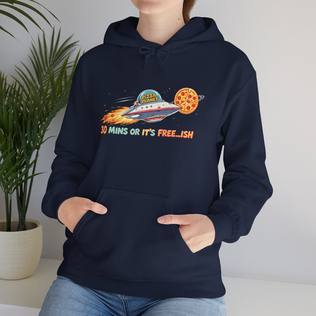 Pizza UFO Hoodie — “30 mins or it’s free...ish” Funny Space Pizza Hoodie
