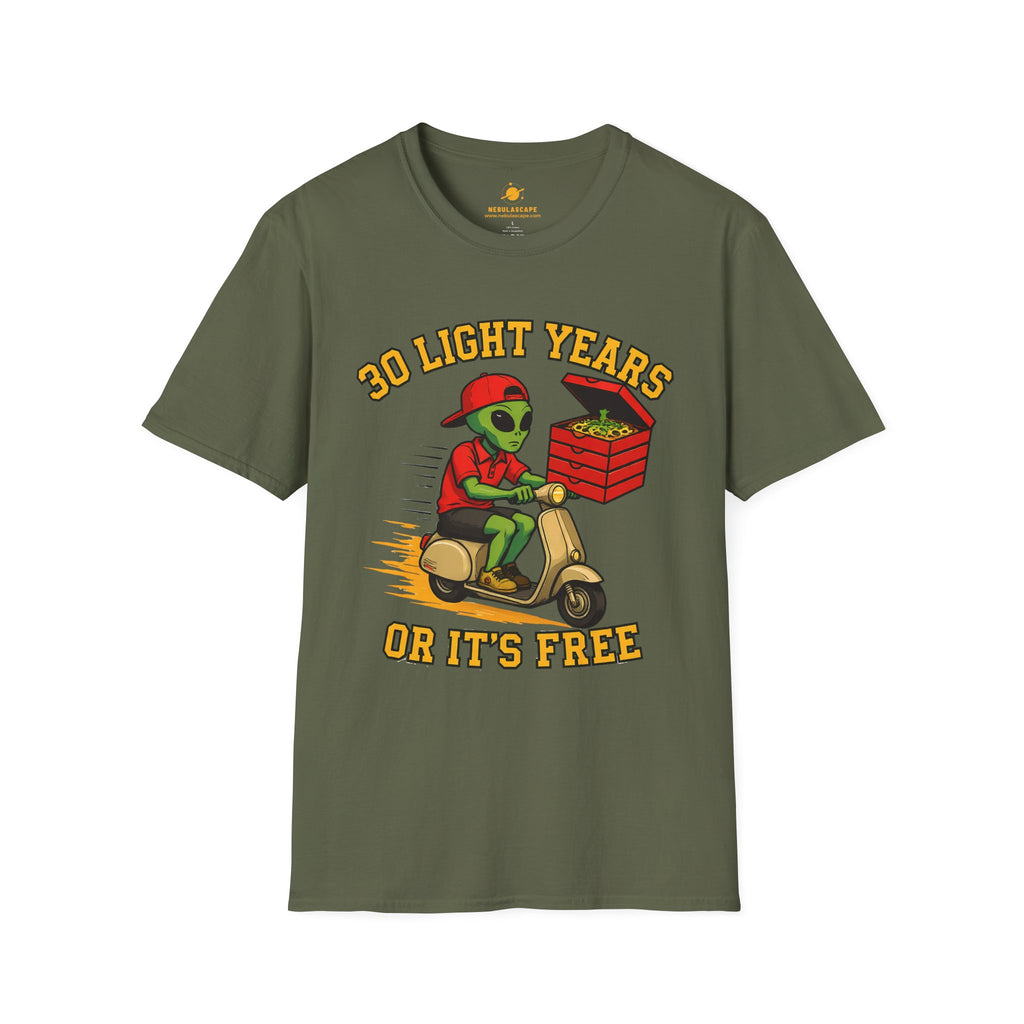 Alien Pizza Delivery Tee - "30 Light Years or It's Free" Graphic T-Shirt