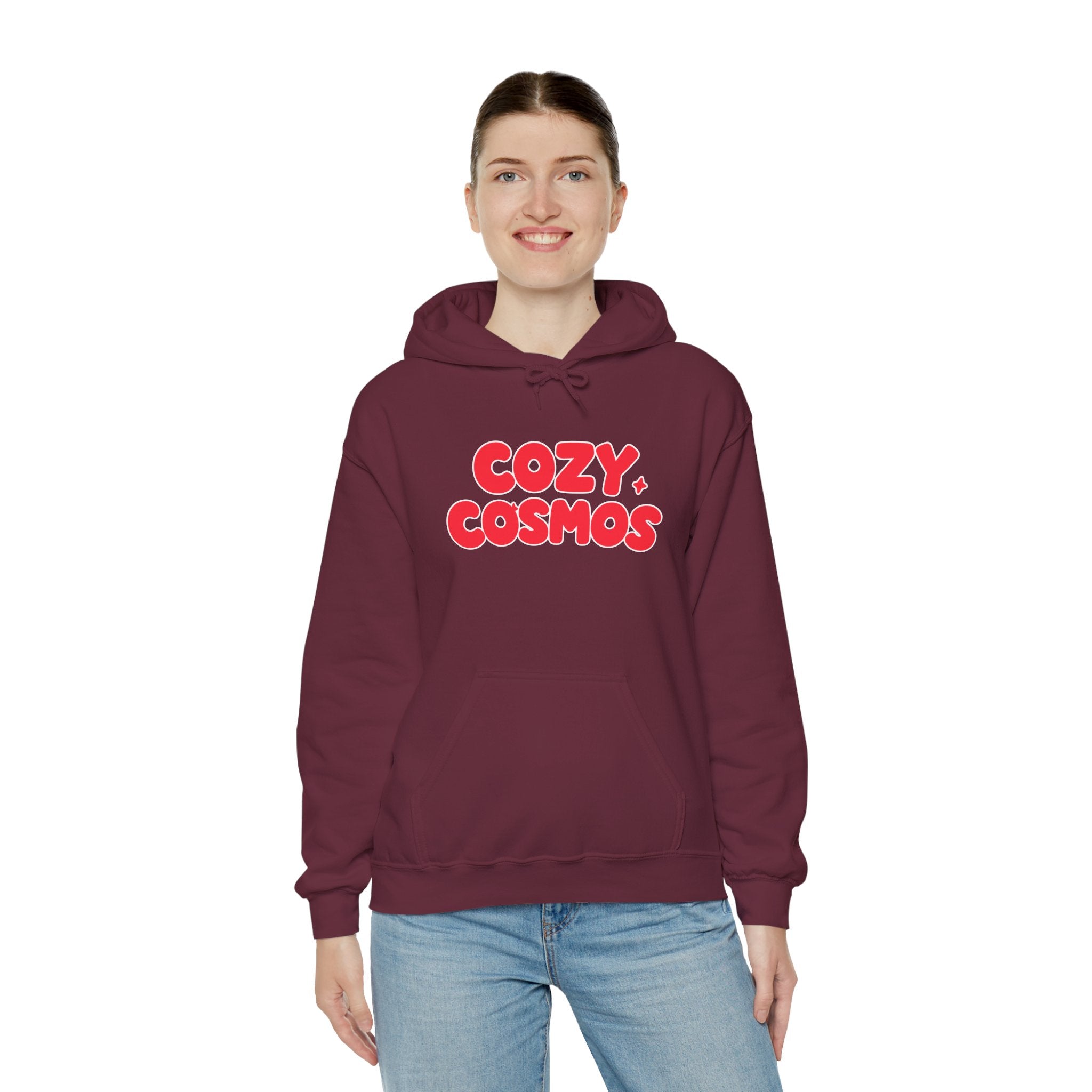 Cozy Cosmos Hoodie — Retro Red 'Cozy Cosmos' Graphic Pullover