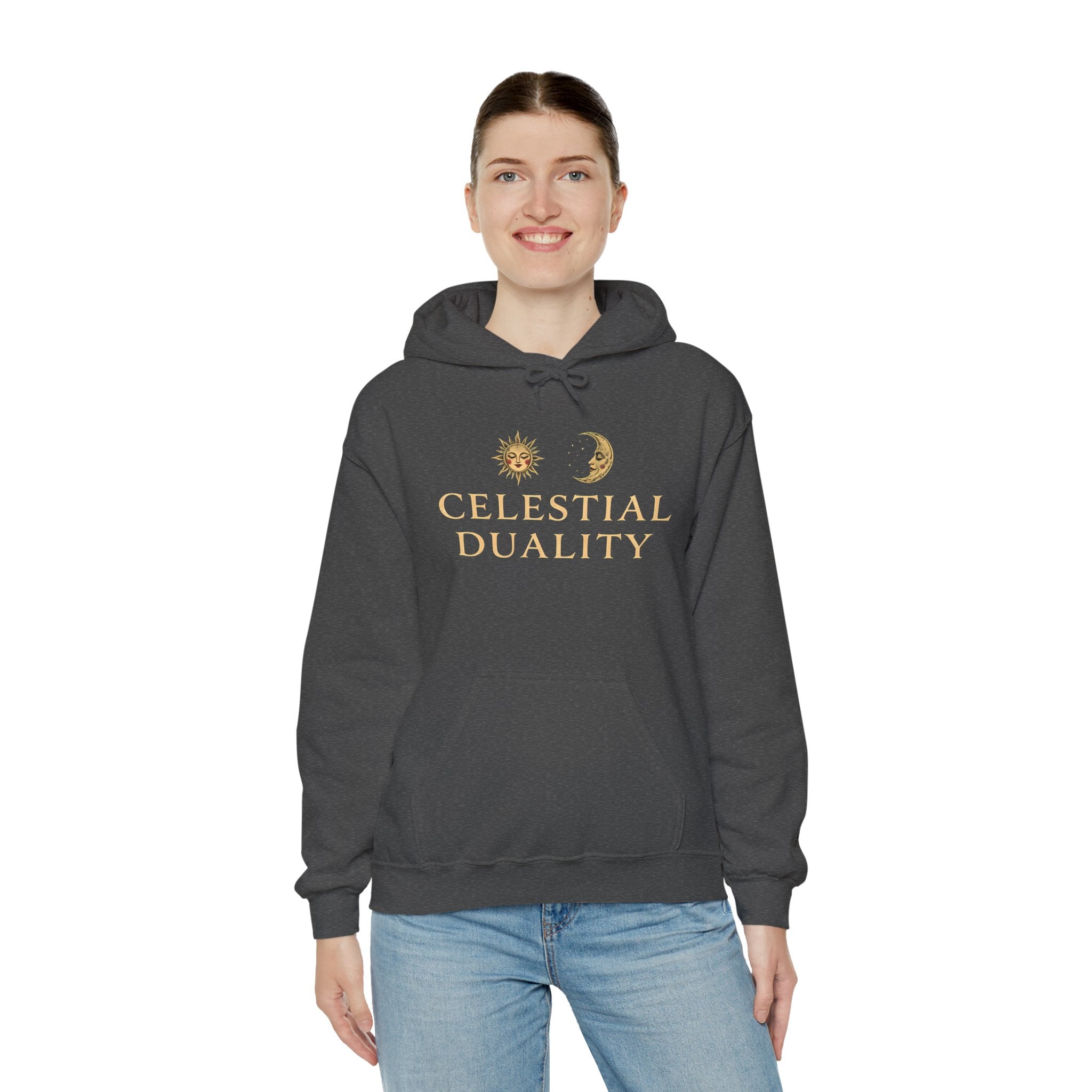 Celestial Duality Hoodie — Sun & Moon Spiritual Graphic Pullover