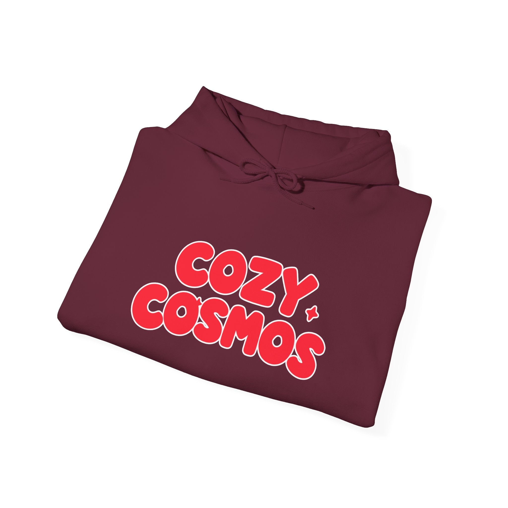 Cozy Cosmos Hoodie — Retro Red 'Cozy Cosmos' Graphic Pullover