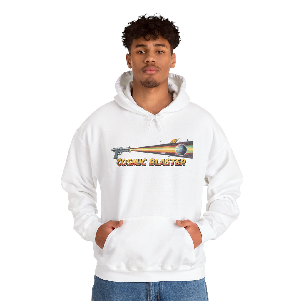 Cosmic Blaster Hoodie — Retro Space Ray Gun Graphic Pullover