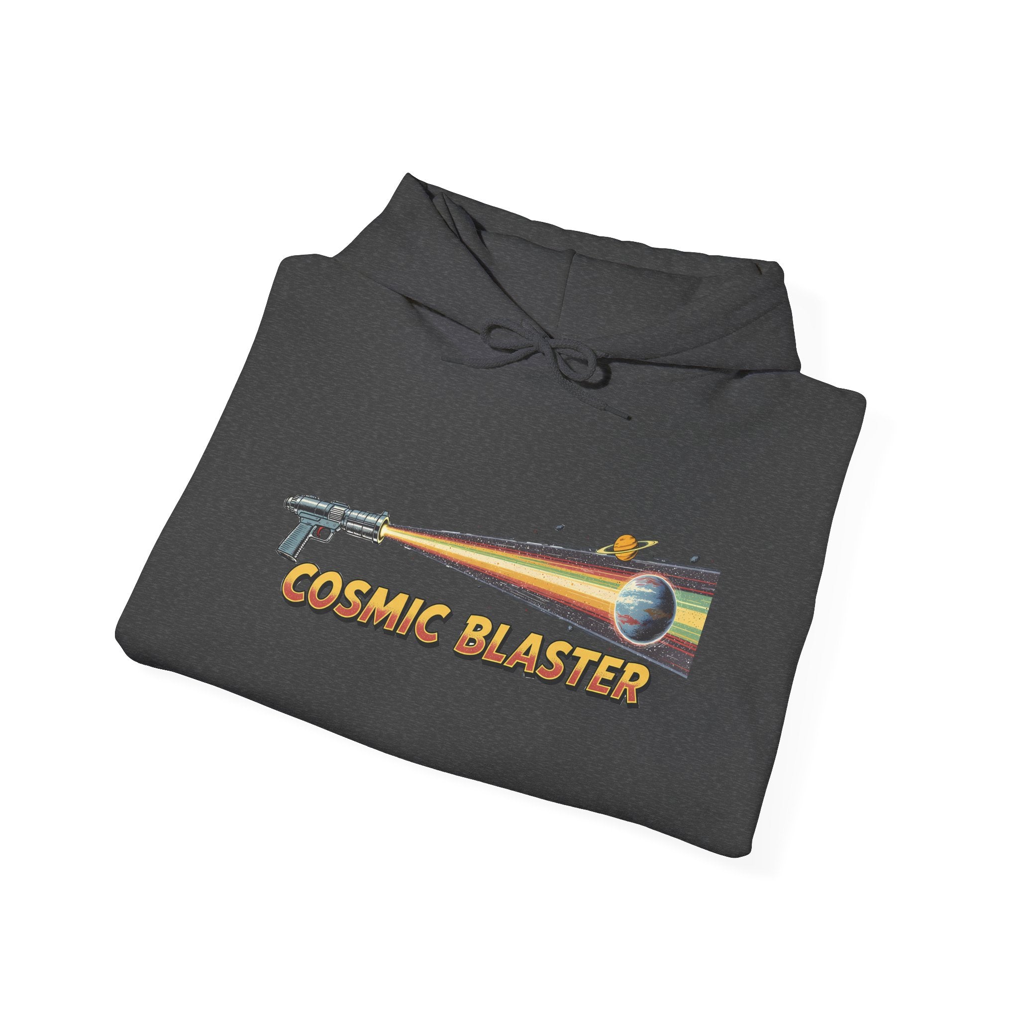 Cosmic Blaster Hoodie — Retro Space Ray Gun Graphic Pullover