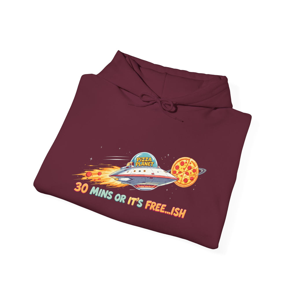 Pizza UFO Hoodie — “30 mins or it’s free...ish” Funny Space Pizza Hoodie