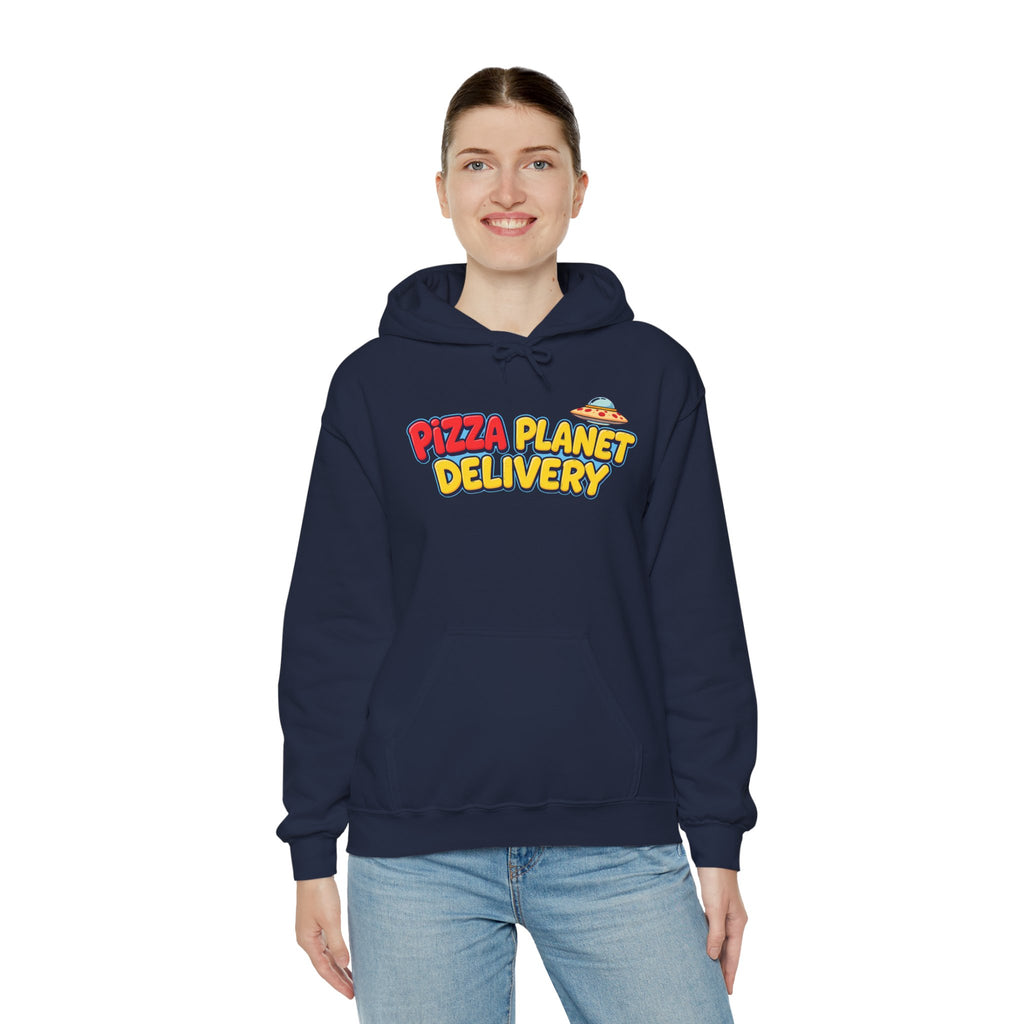 Pizza Planet Delivery Hoodie — Retro Cartoon Space Pizza Logo Pullover