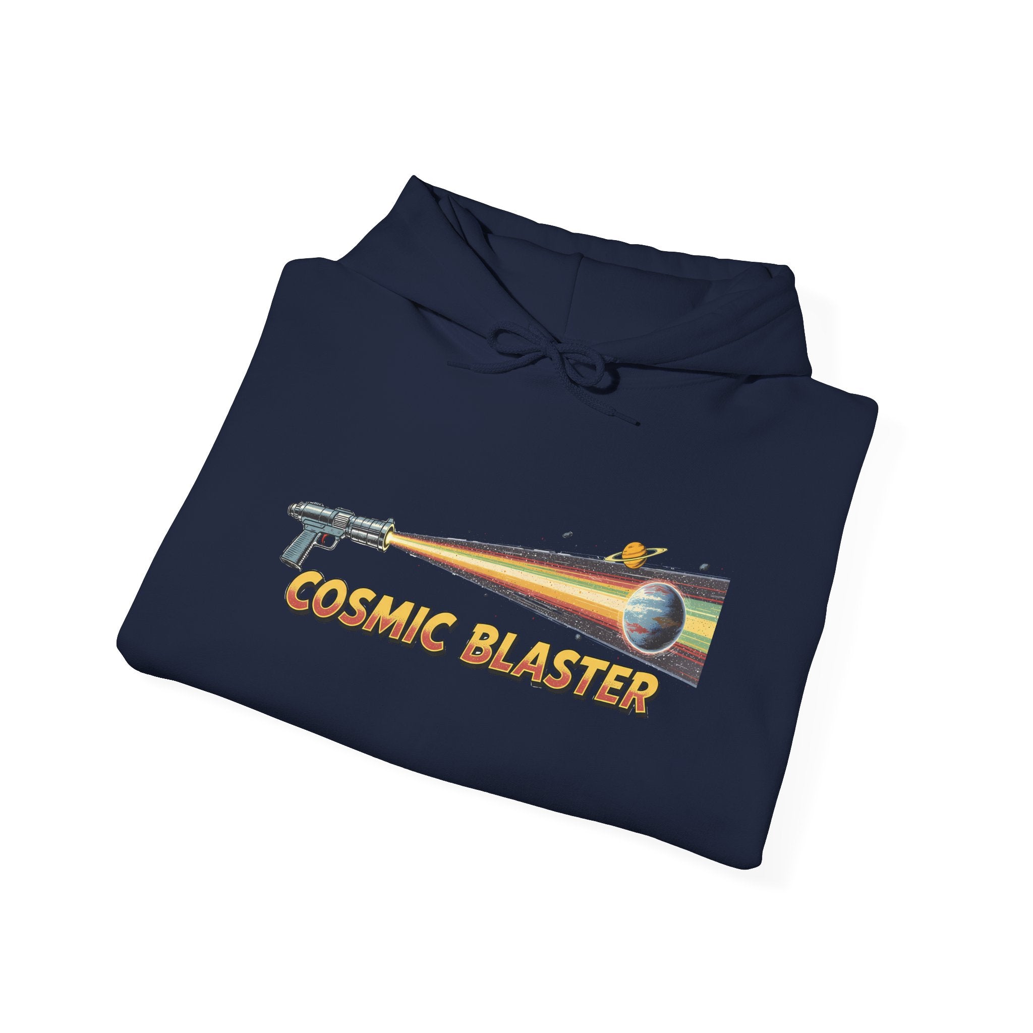 Cosmic Blaster Hoodie — Retro Space Ray Gun Graphic Pullover