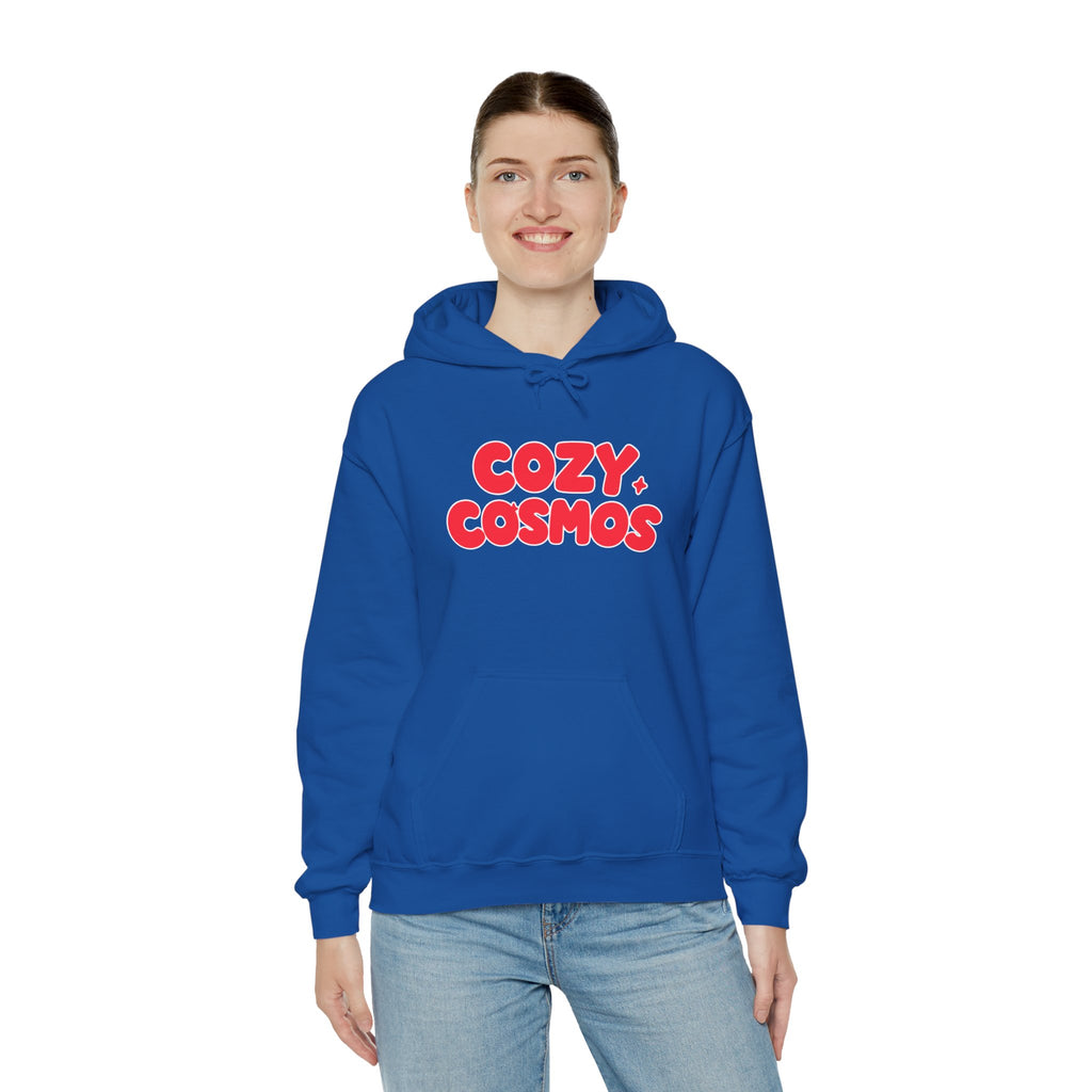 Cozy Cosmos Hoodie — Retro Red 'Cozy Cosmos' Graphic Pullover
