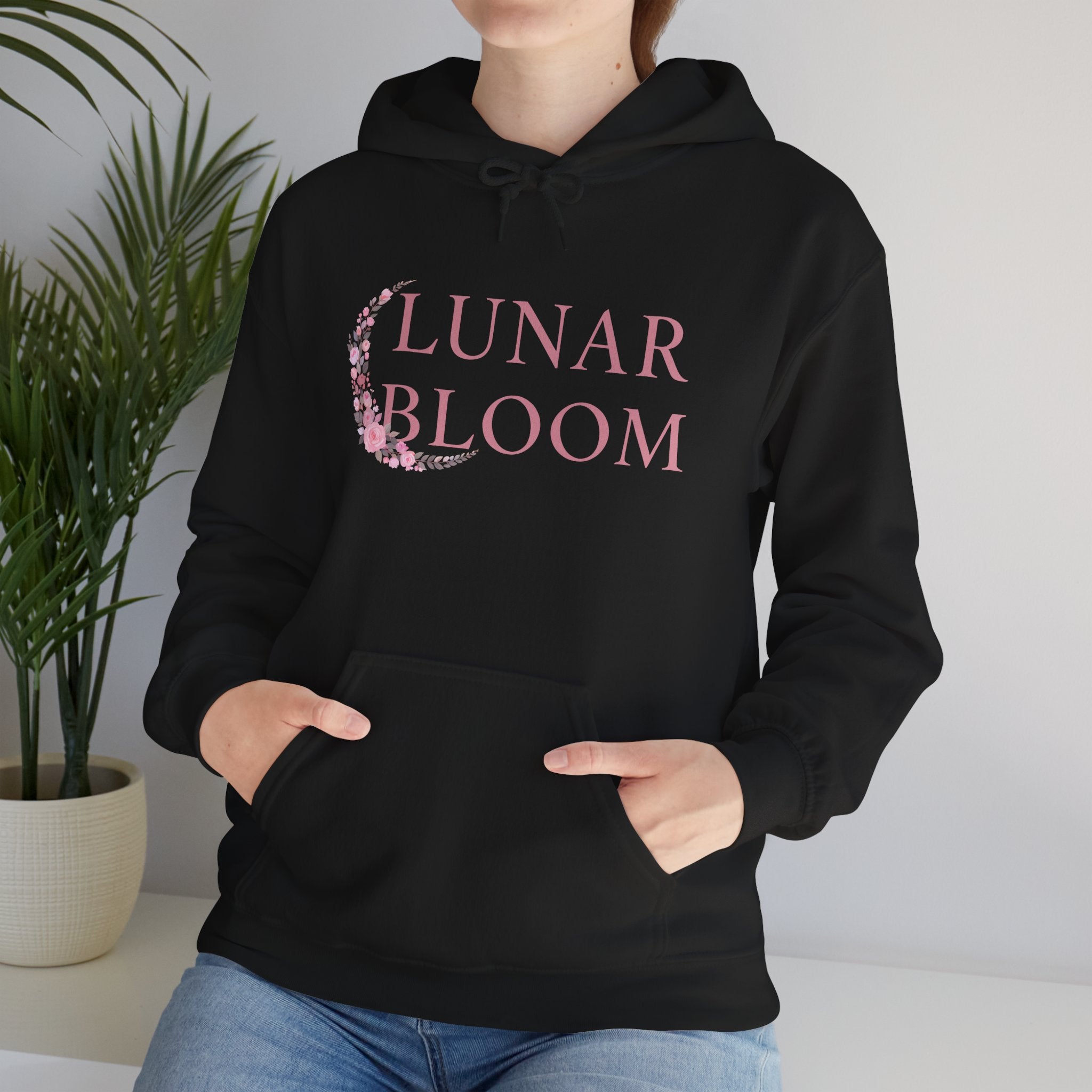 Lunar Bloom Hoodie — Pink Floral Crescent Moon Graphic Hoodie