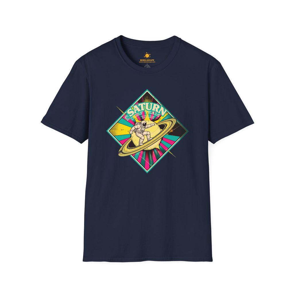 Saturn Surf Graphic T-Shirt — Retro Space Cat on Saturn"