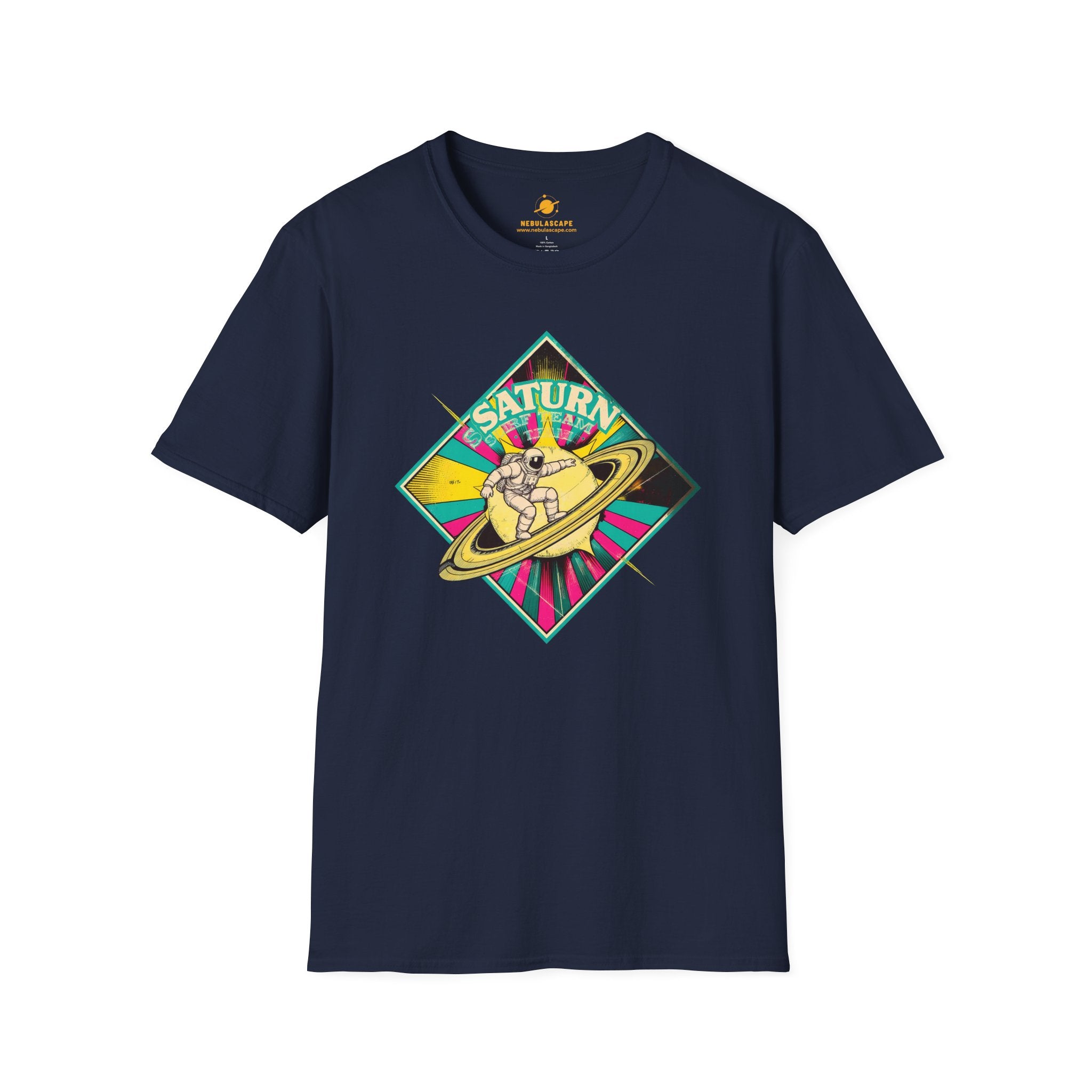 Saturn Surf Graphic T-Shirt — Retro Space Cat on Saturn"