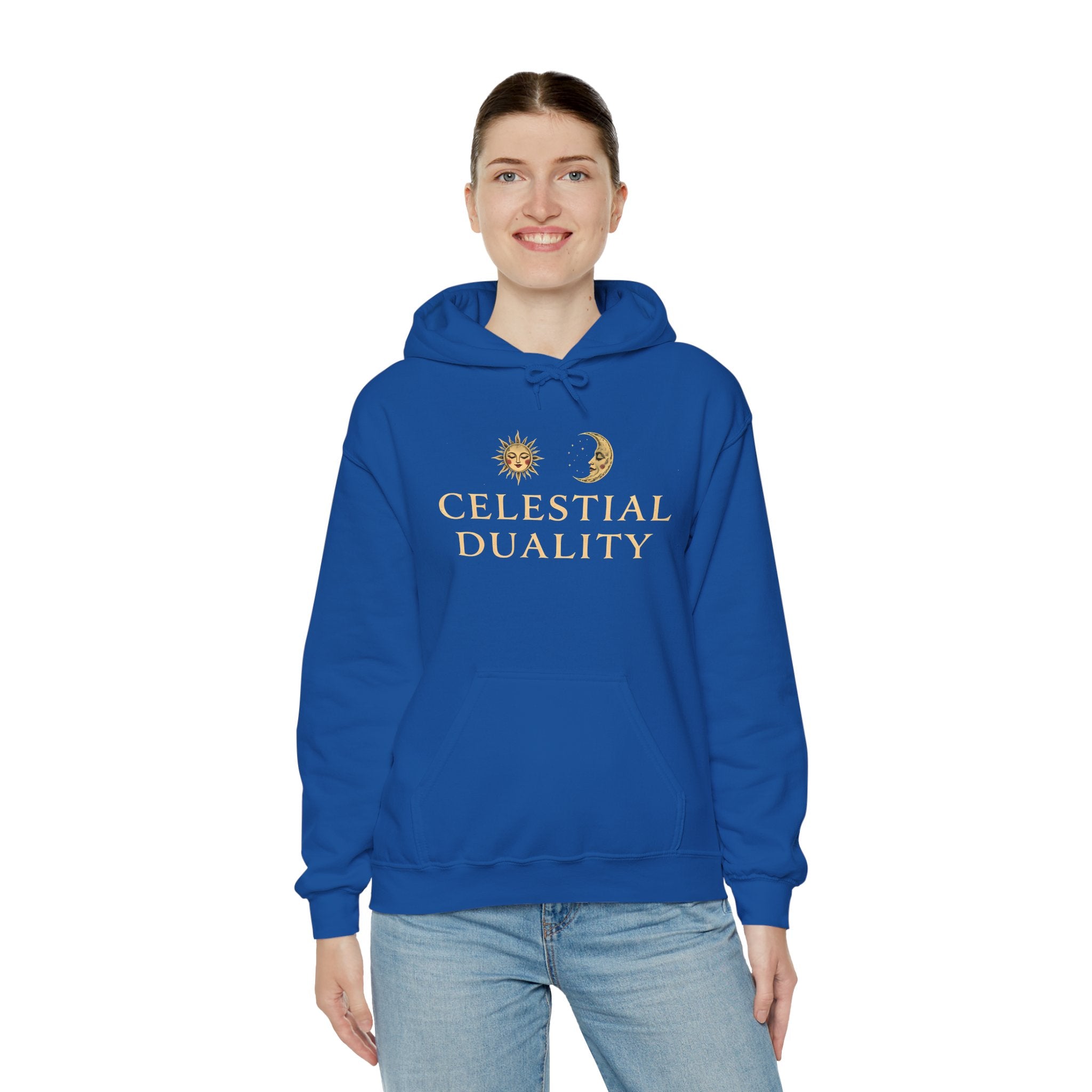 Celestial Duality Hoodie — Sun & Moon Spiritual Graphic Pullover
