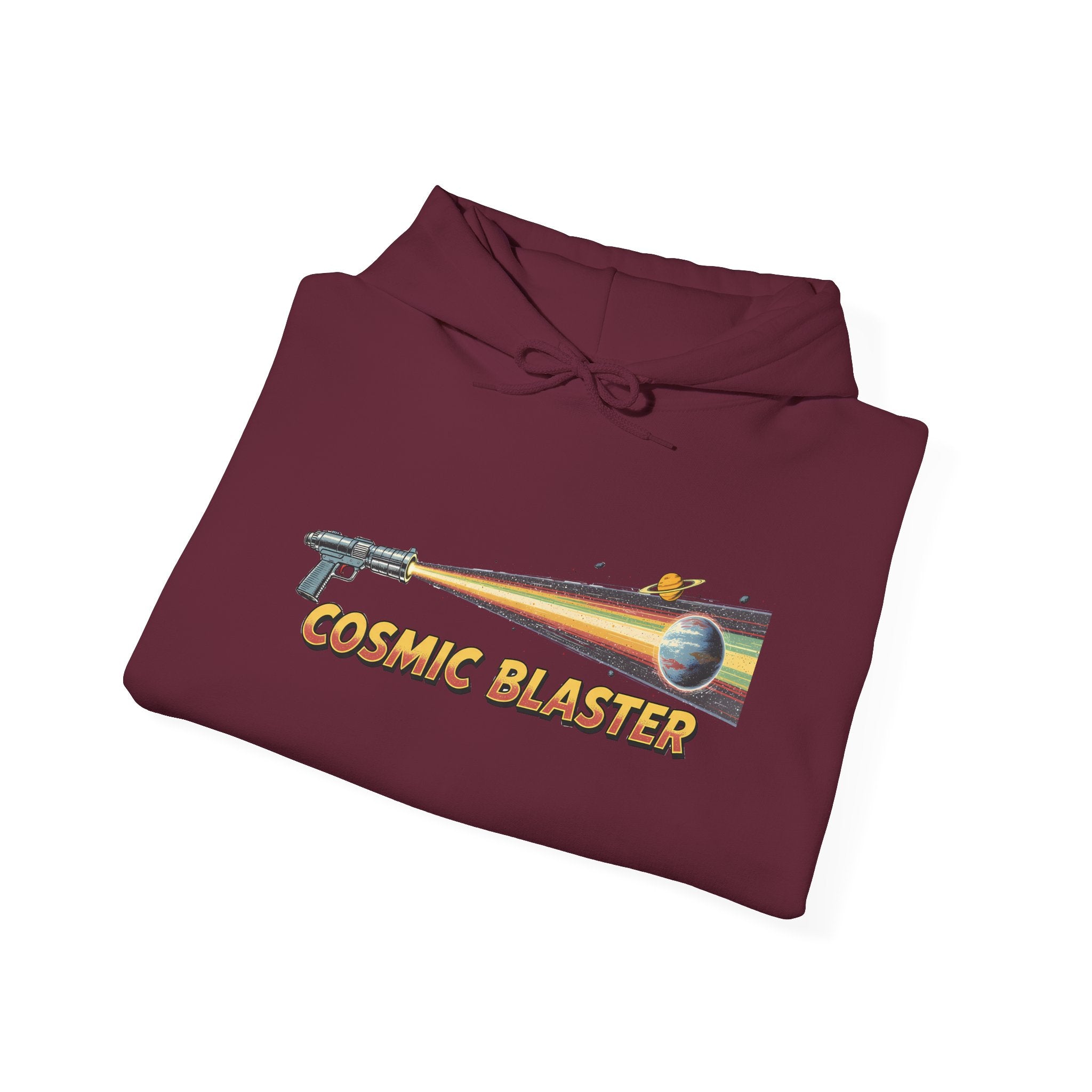 Cosmic Blaster Hoodie — Retro Space Ray Gun Graphic Pullover