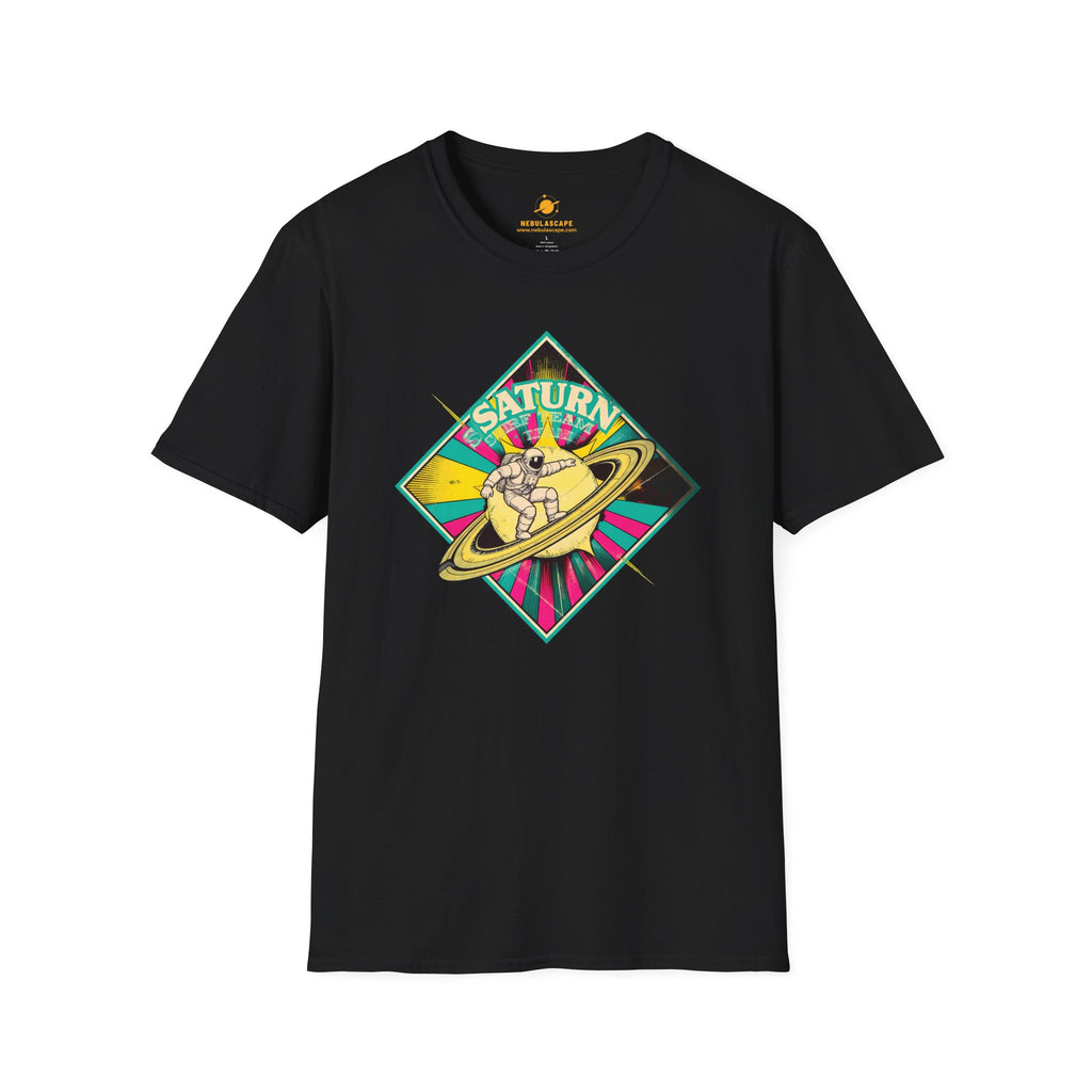 Saturn Surf Graphic T-Shirt — Retro Space Cat on Saturn"