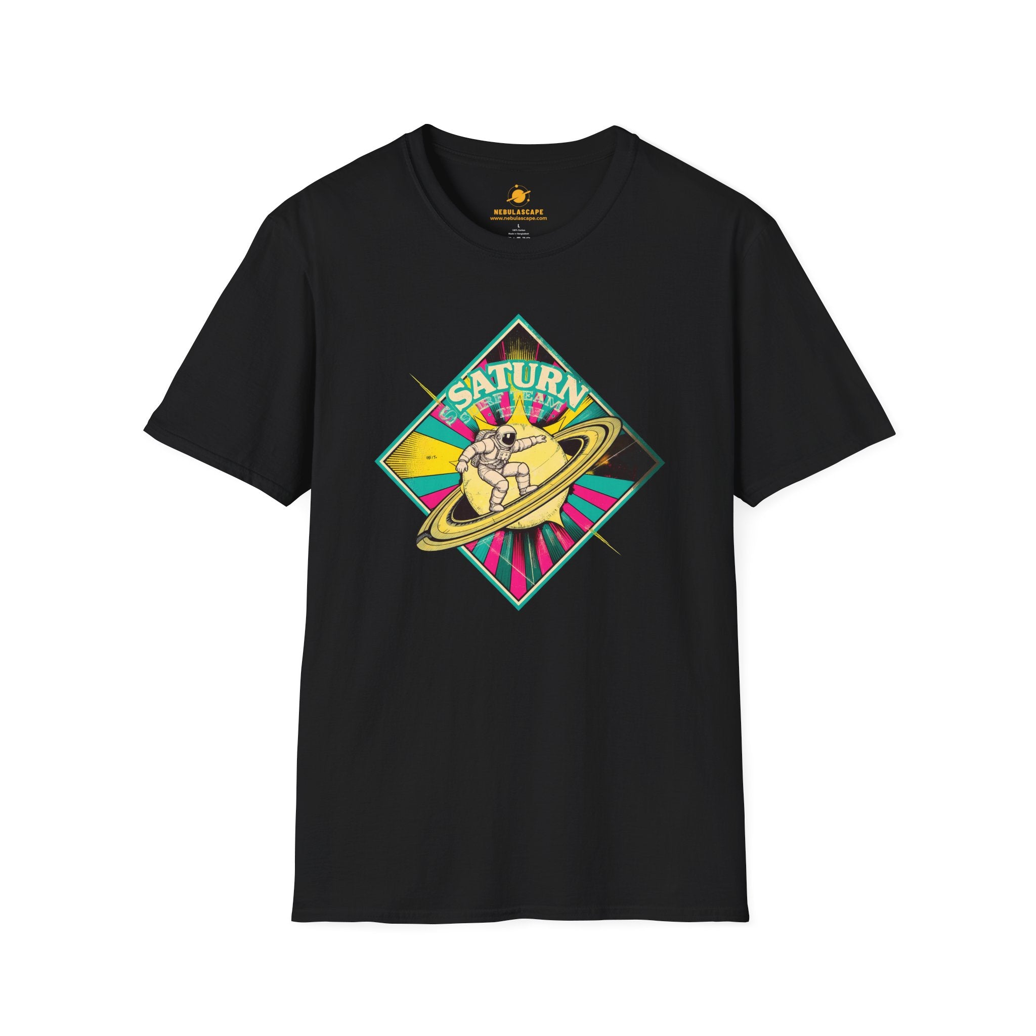 Saturn Surf Graphic T-Shirt — Retro Space Cat on Saturn"