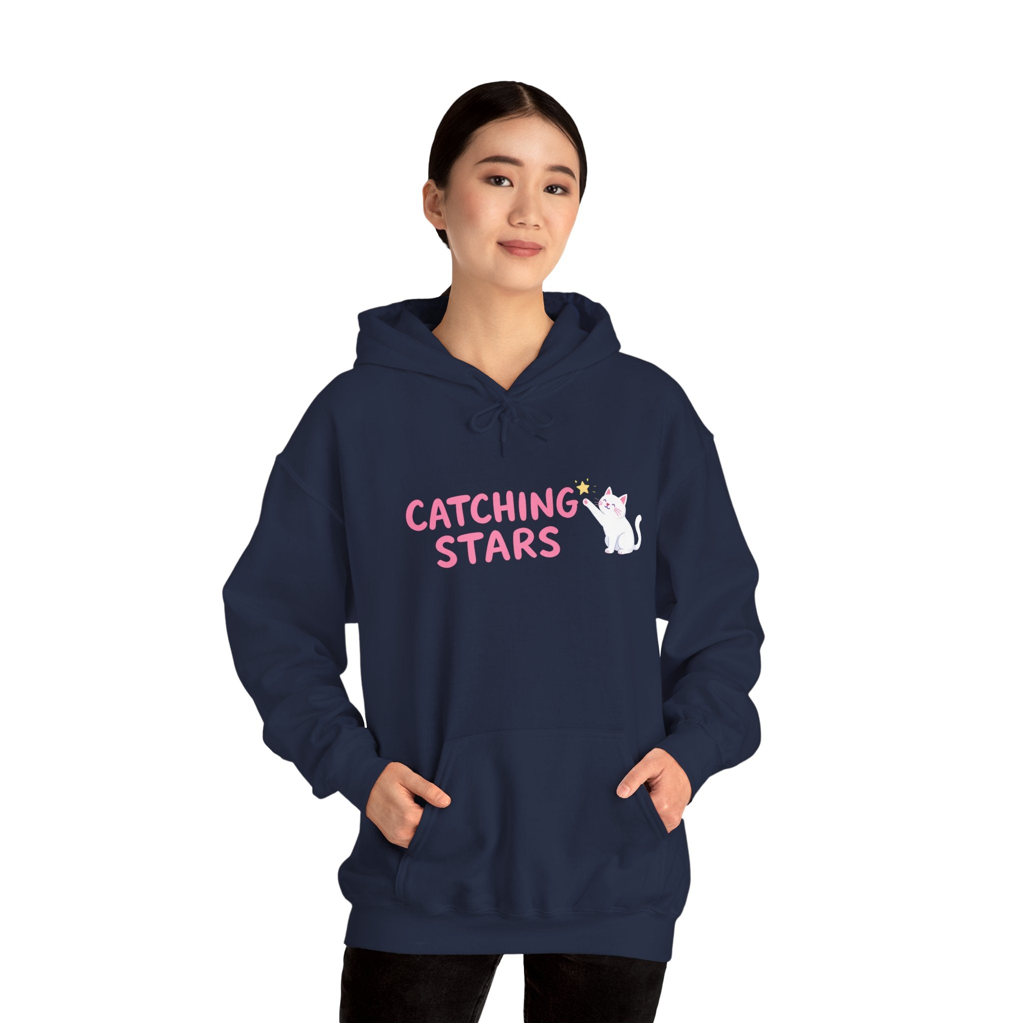 Catching Stars Cat Hoodie – Cute Pink Graphic Cat & Star Sweatshirt