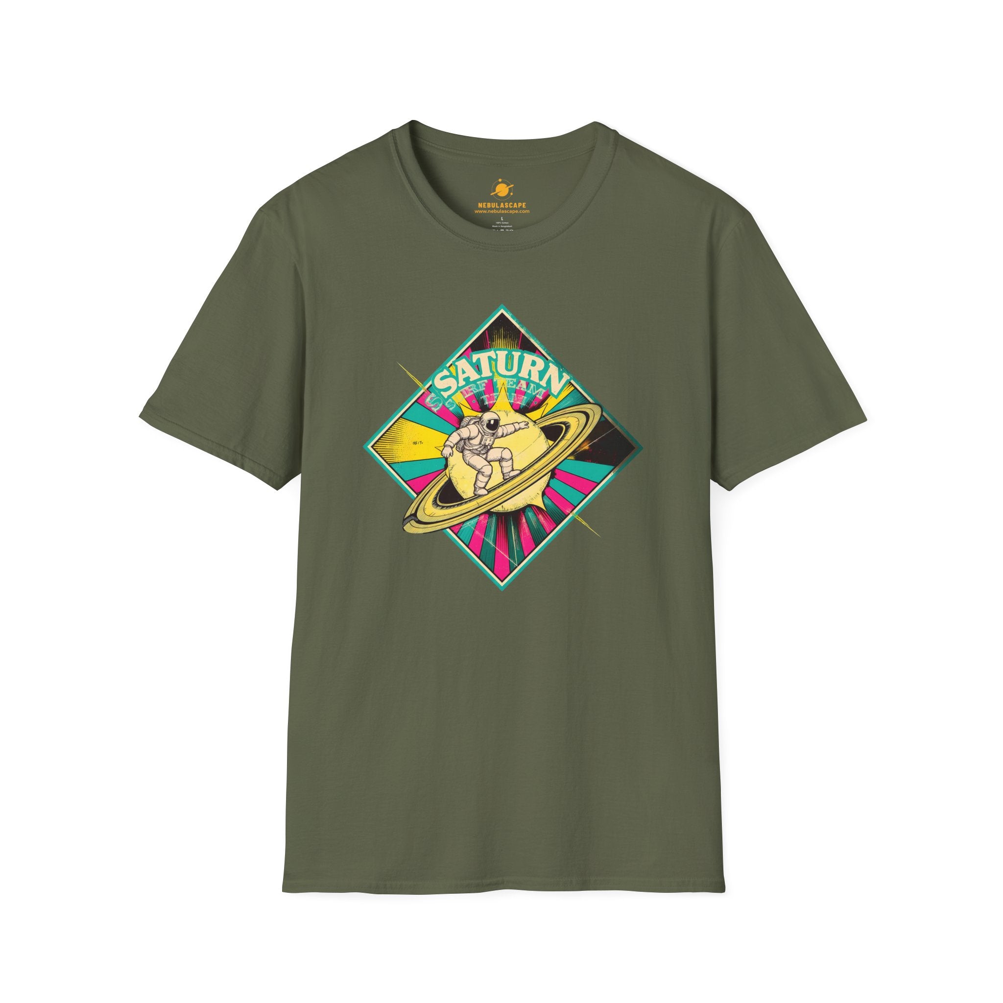 Saturn Surf Graphic T-Shirt — Retro Space Cat on Saturn"