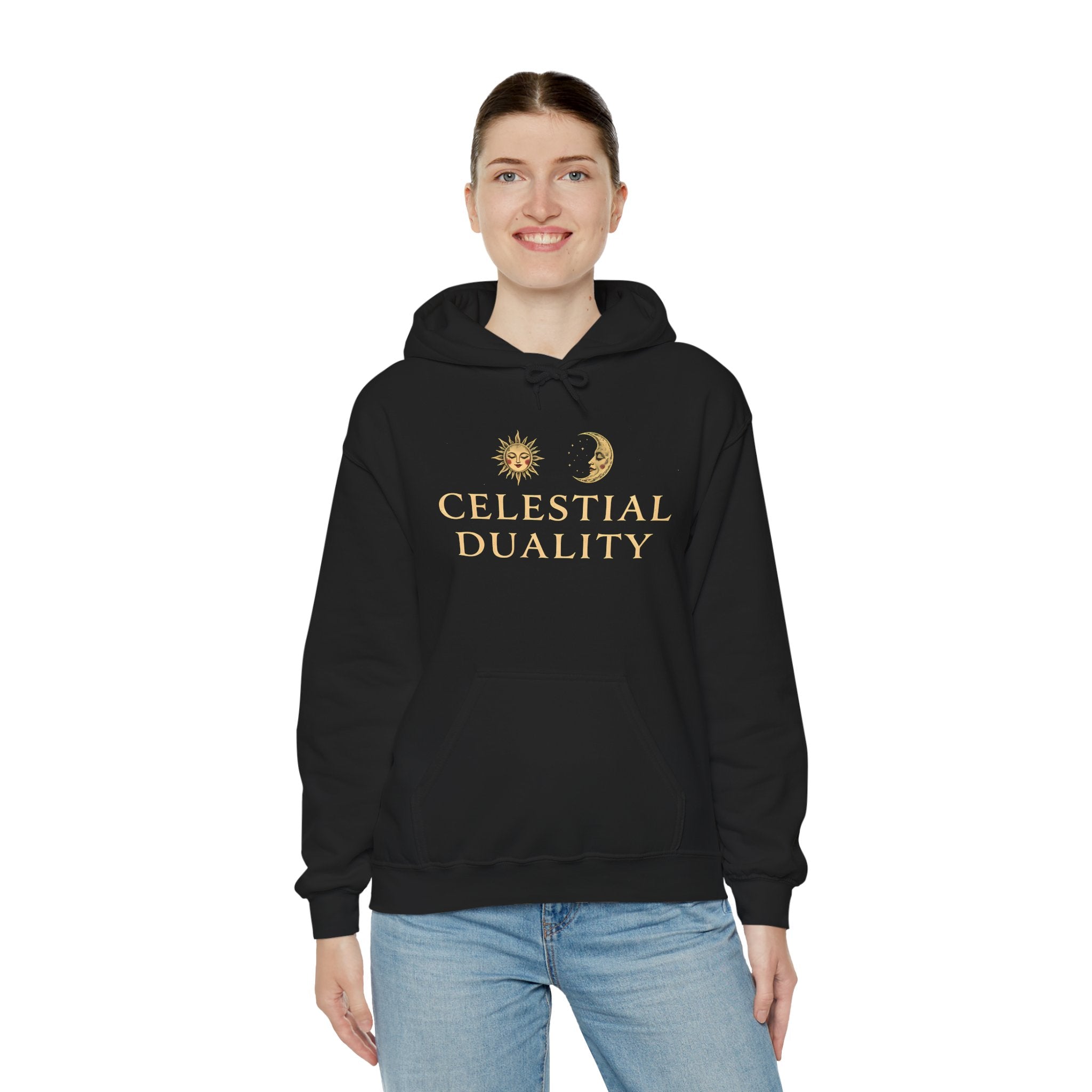 Celestial Duality Hoodie — Sun & Moon Spiritual Graphic Pullover