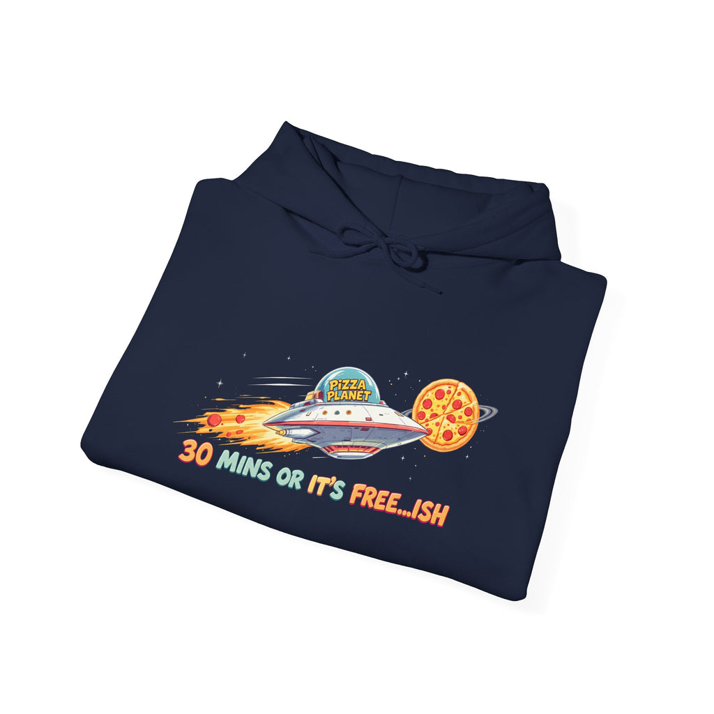 Pizza UFO Hoodie — “30 mins or it’s free...ish” Funny Space Pizza Hoodie