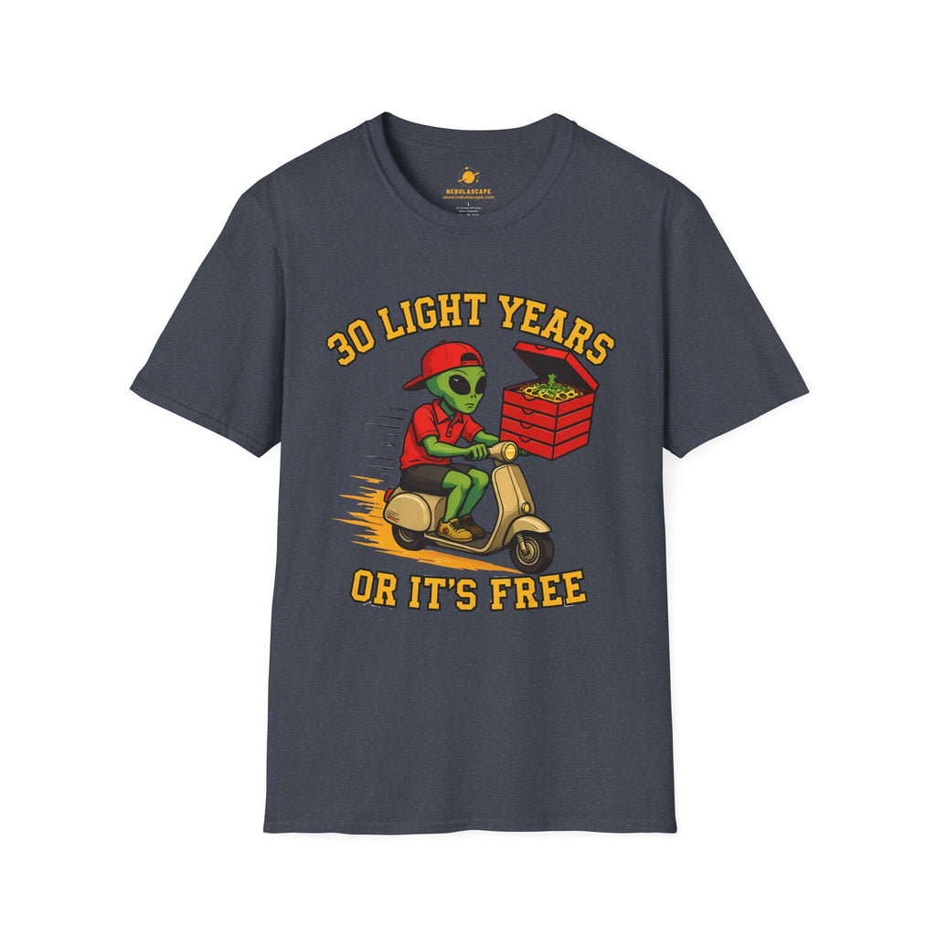 Alien Pizza Delivery Tee - "30 Light Years or It's Free" Graphic T-Shirt