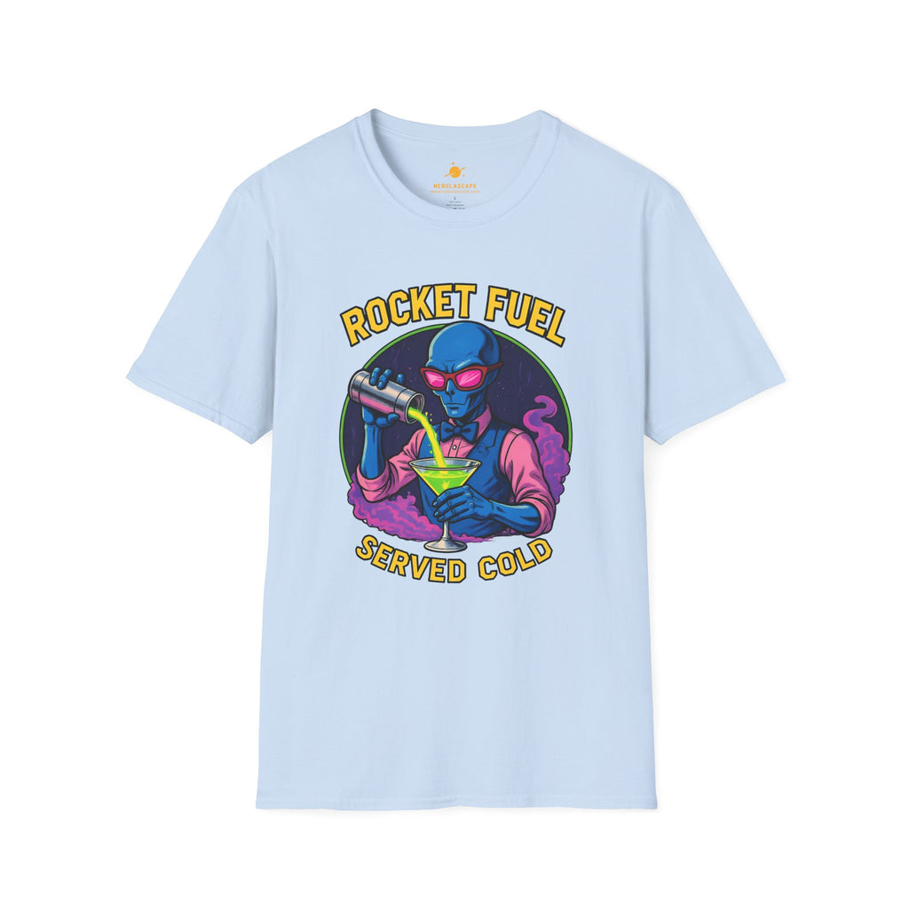 T-Shirt — Rocket Fuel Served Cold Graphic Tee (Alien Scientist Design)