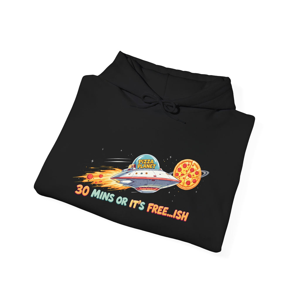 Pizza UFO Hoodie — “30 mins or it’s free...ish” Funny Space Pizza Hoodie