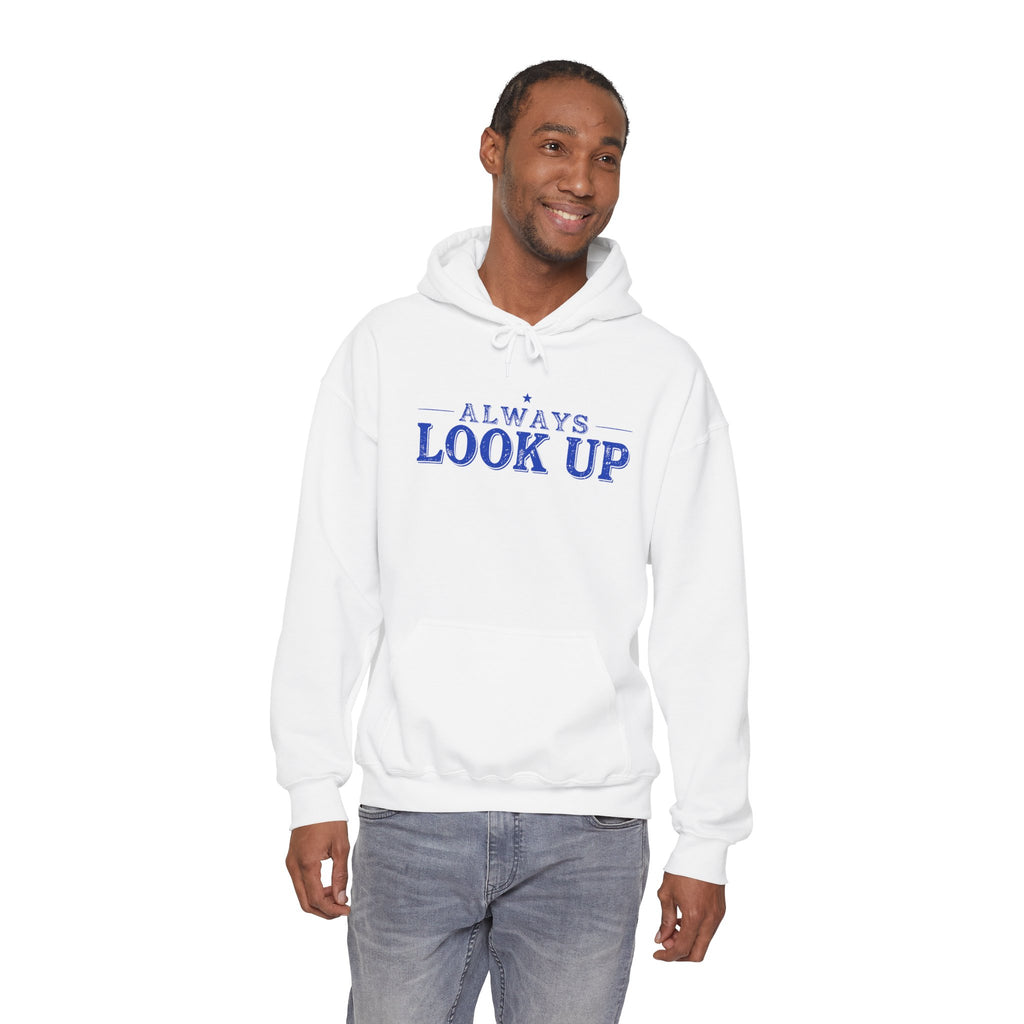 Always Look Up Hoodie — Inspirational Sky-Blue Text Pullover