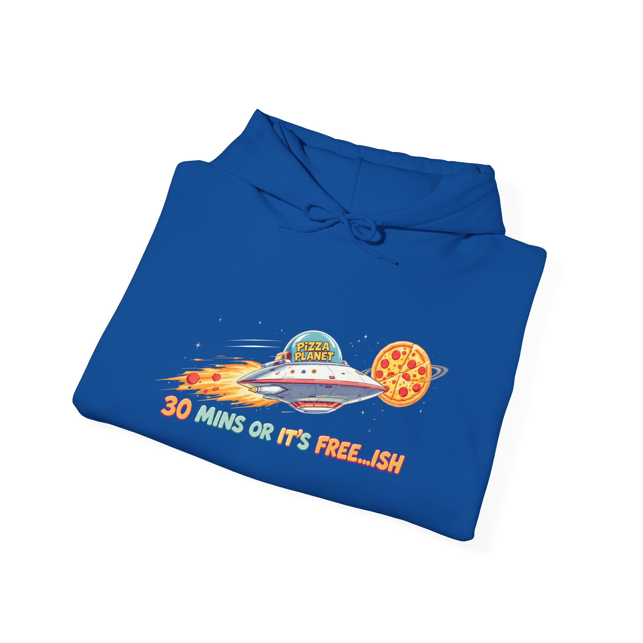 Pizza UFO Hoodie — “30 mins or it’s free...ish” Funny Space Pizza Hoodie