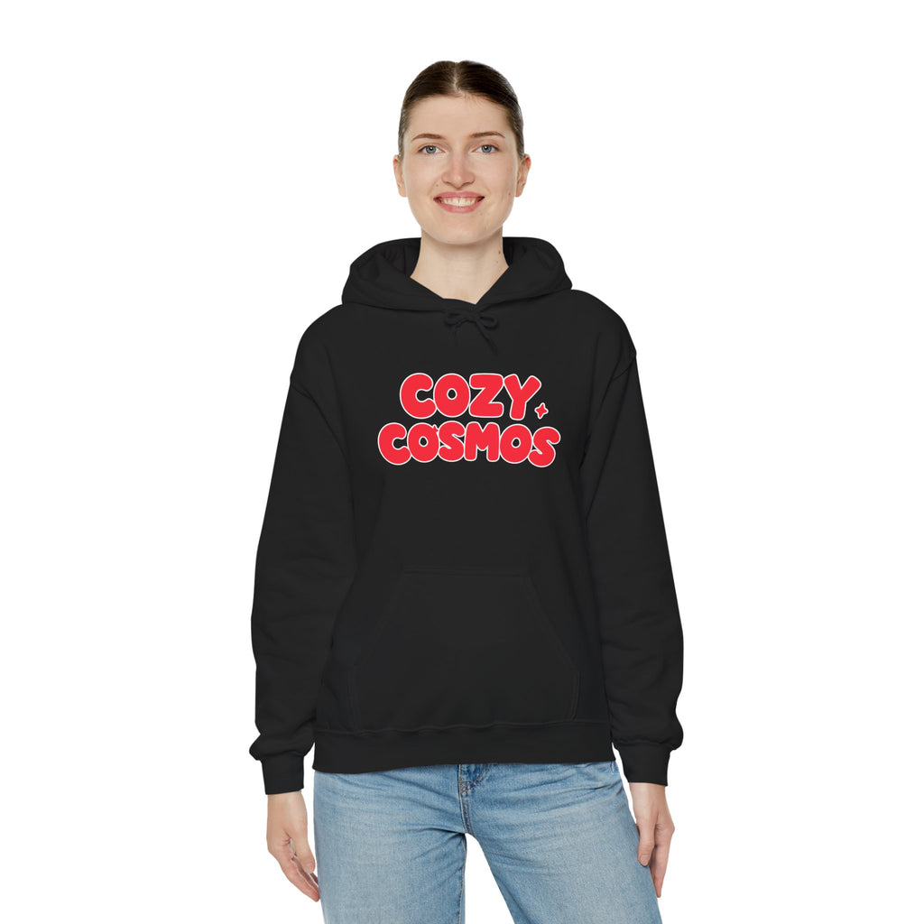 Cozy Cosmos Hoodie — Retro Red 'Cozy Cosmos' Graphic Pullover