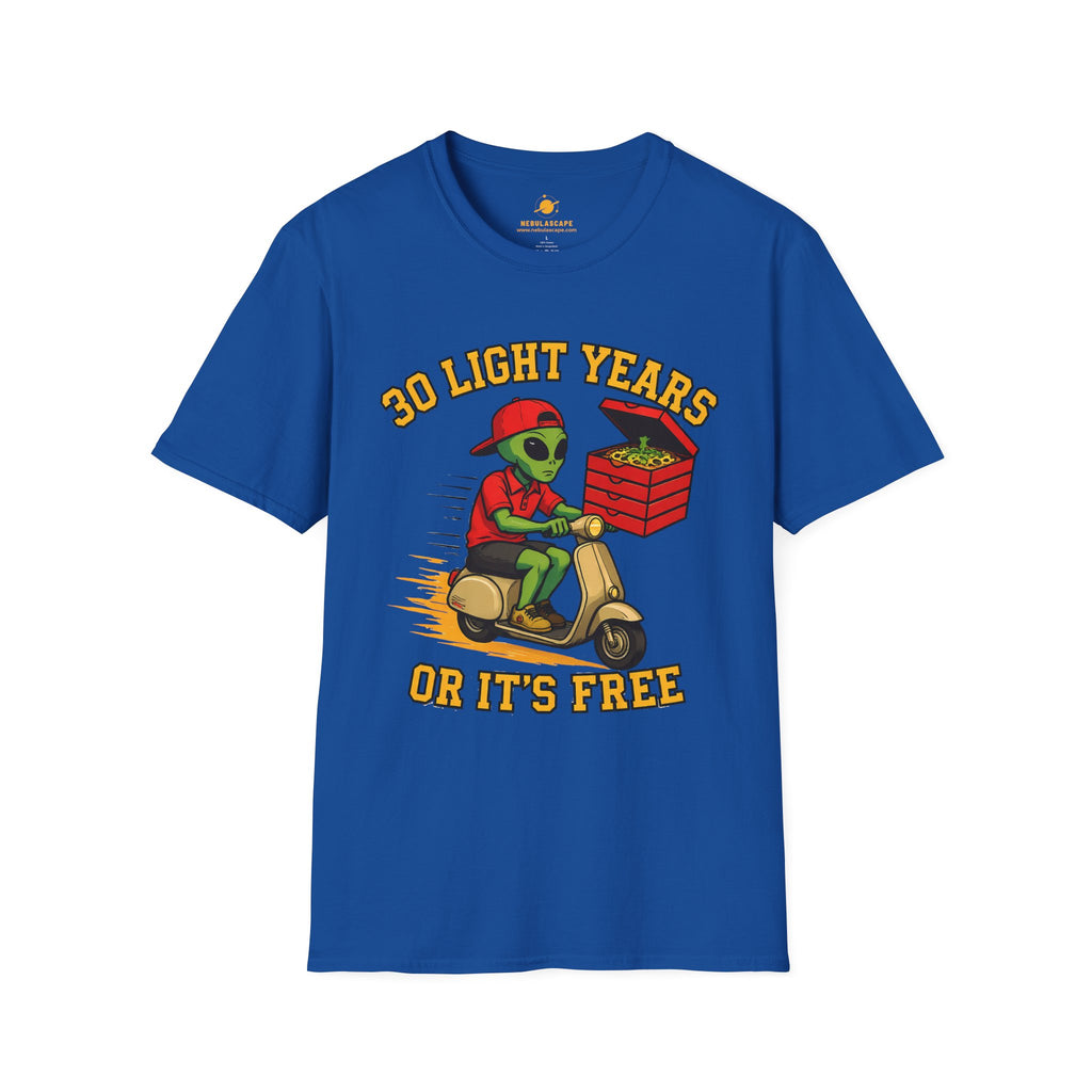 Alien Pizza Delivery Tee - "30 Light Years or It's Free" Graphic T-Shirt