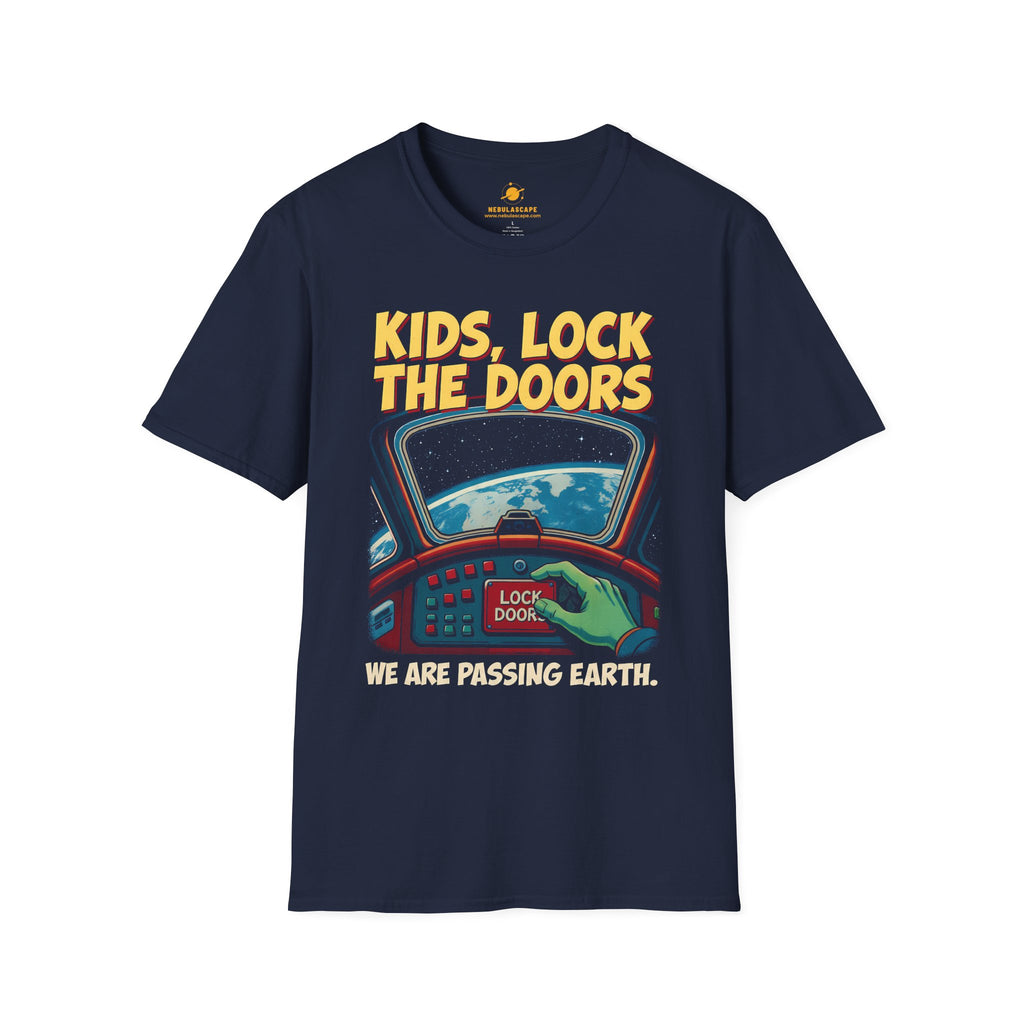 Kids, Lock The Doors T-Shirt — Funny Retro Space Alien ‘We Are Passing Earth’ Tee