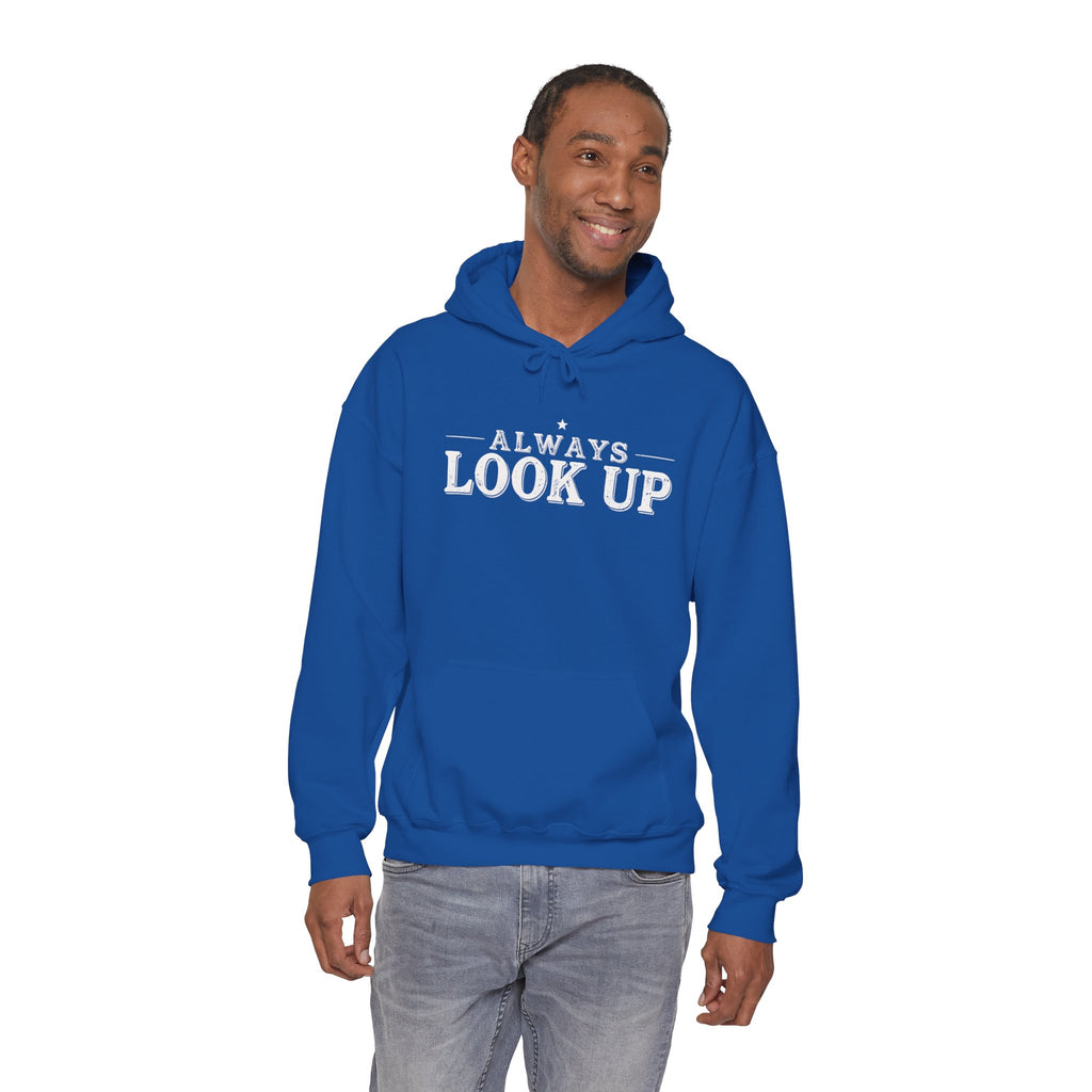 Always Look Up Hoodie — Inspirational Sky-Blue Text Pullover
