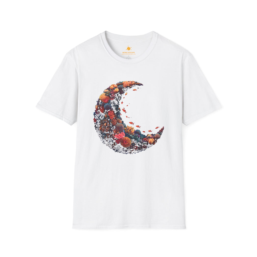 Coral Crescent Moon T-Shirt — Botanical Moon Graphic Tee