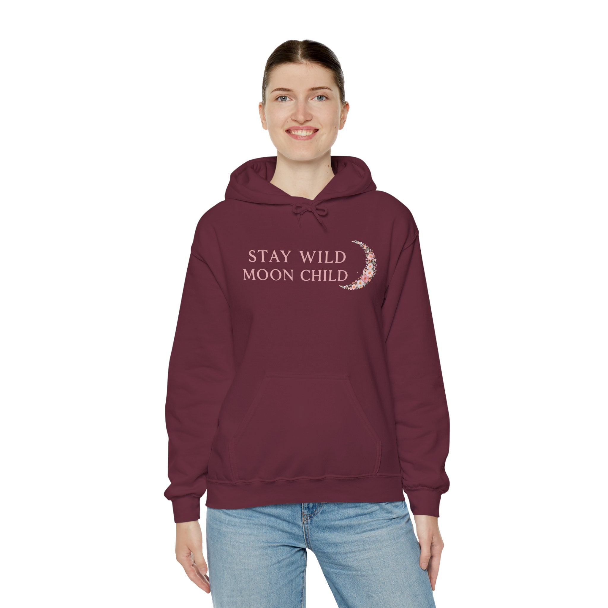 Moon Child Hoodie — "Stay Wild Moon Child" Pastel Crescent Moon Graphic