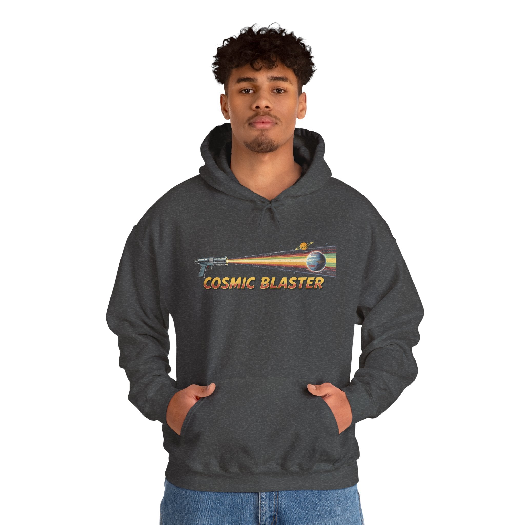 Cosmic Blaster Hoodie — Retro Space Ray Gun Graphic Pullover