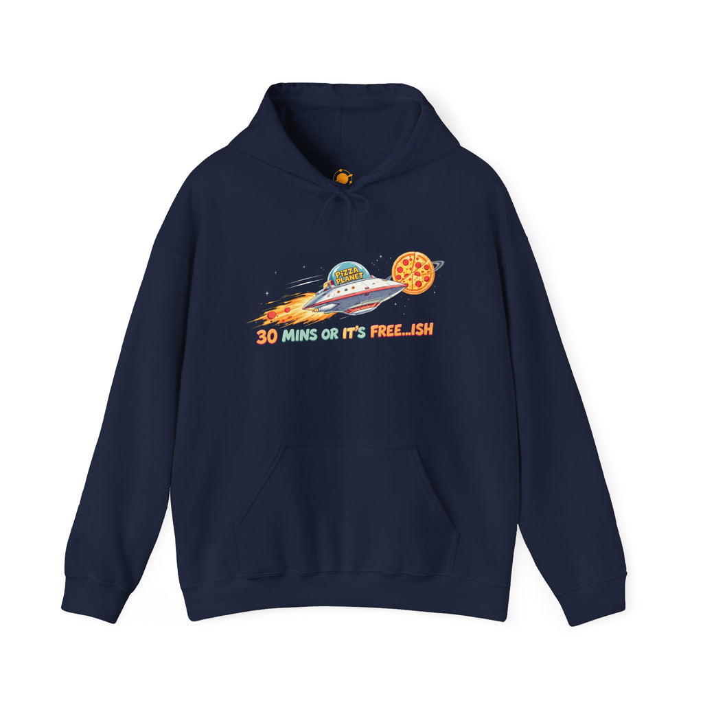 Pizza UFO Hoodie — “30 mins or it’s free...ish” Funny Space Pizza Hoodie