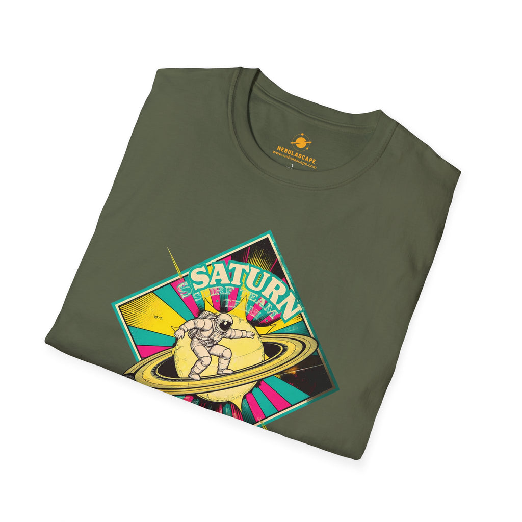 Saturn Surf Graphic T-Shirt — Retro Space Cat on Saturn"