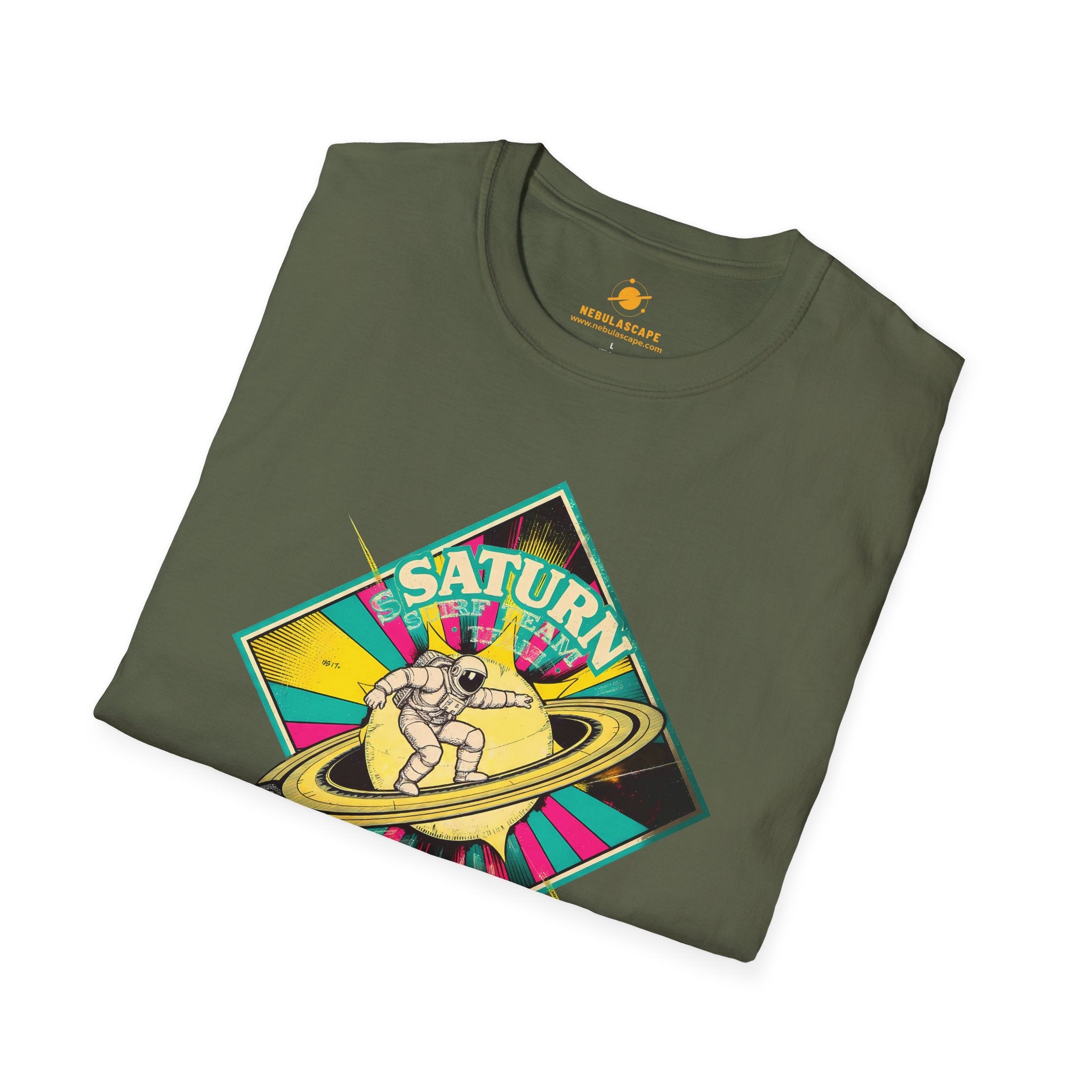 Saturn Surf Graphic T-Shirt — Retro Space Cat on Saturn"