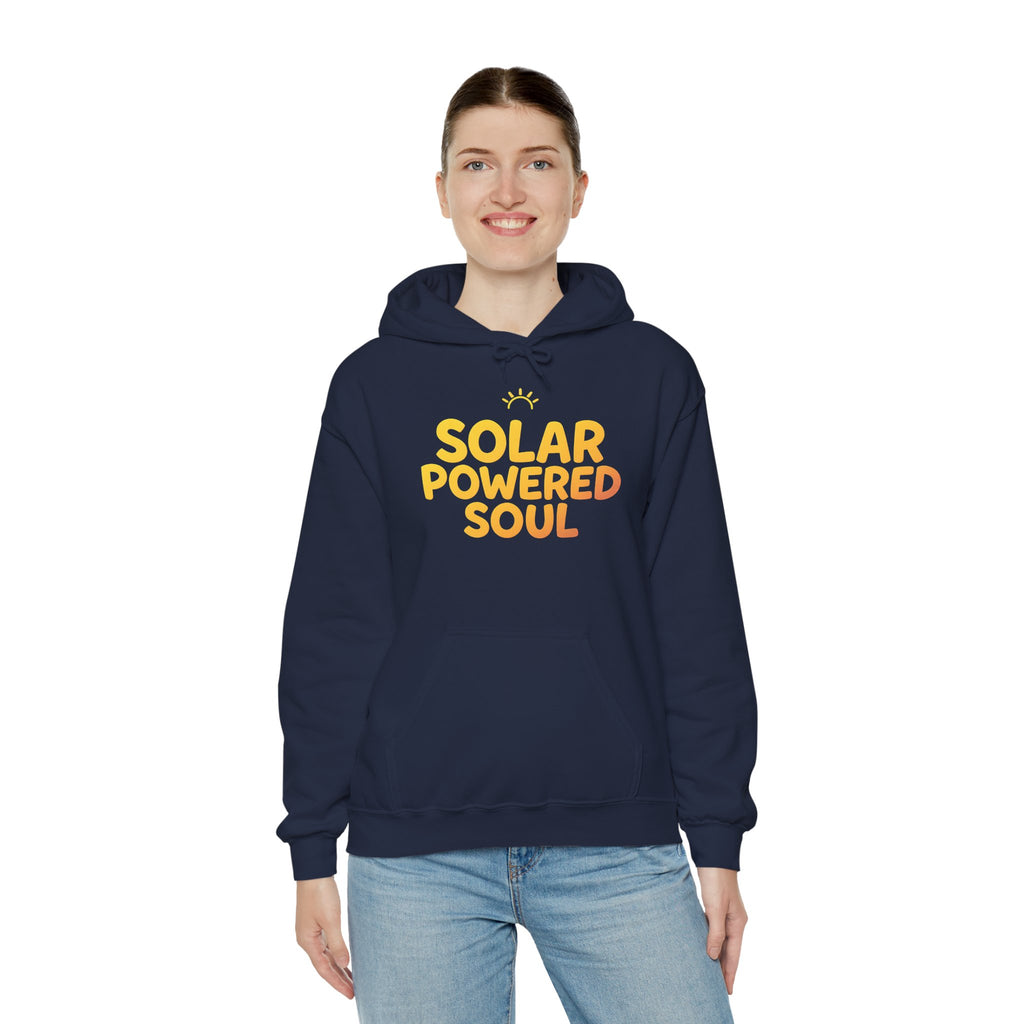 Solar Powered Soul Hoodie — Retro Yellow Sun Graphic Hooded Sweatshirt