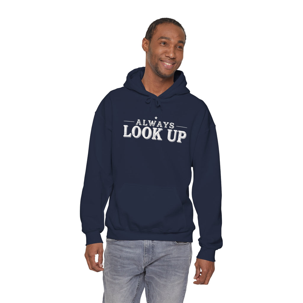 Always Look Up Hoodie — Inspirational Sky-Blue Text Pullover