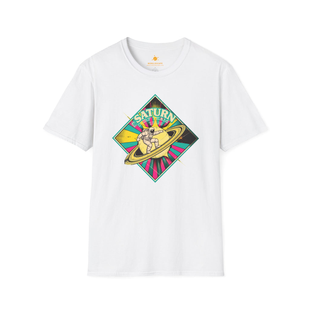 Saturn Surf Graphic T-Shirt — Retro Space Cat on Saturn"