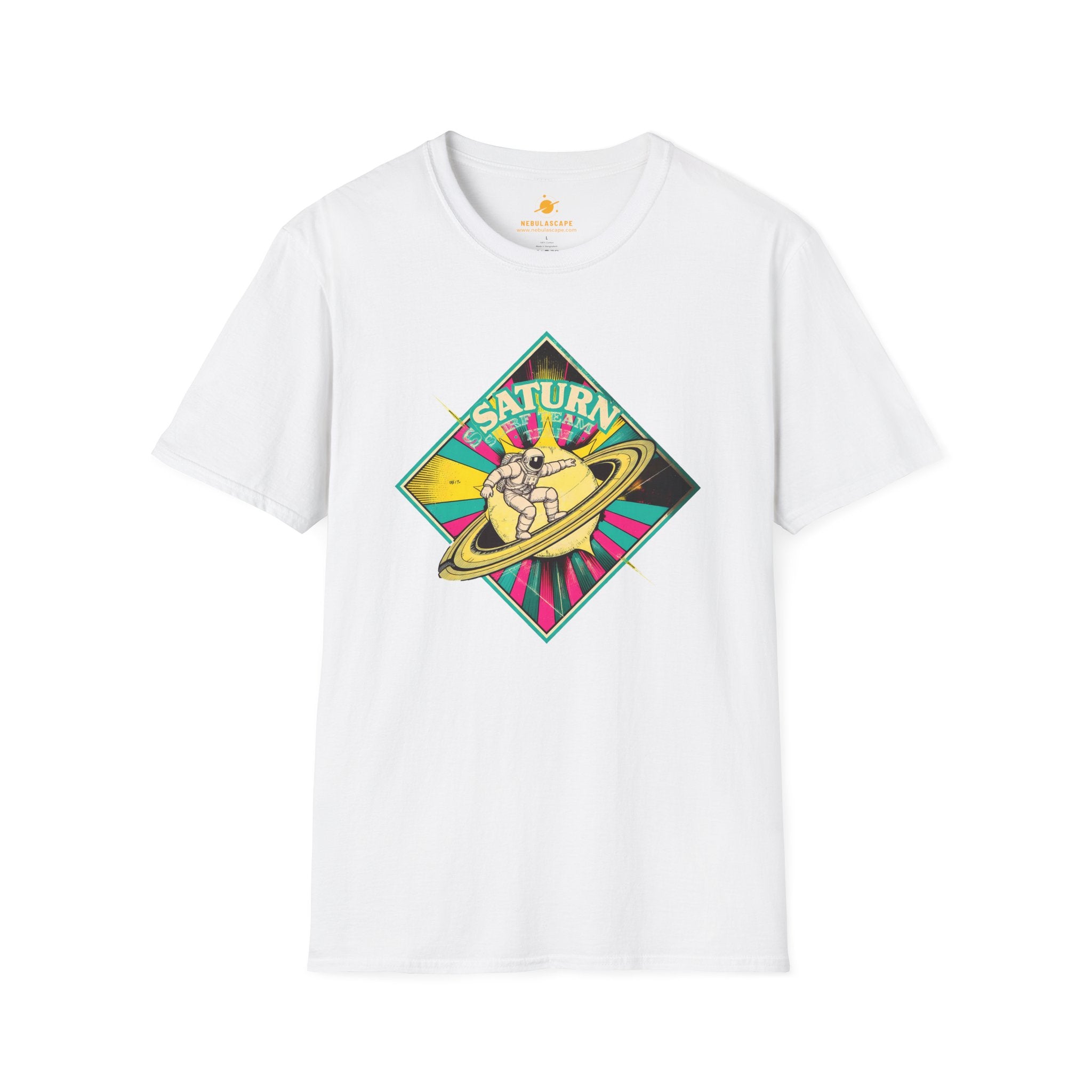 Saturn Surf Graphic T-Shirt — Retro Space Cat on Saturn"