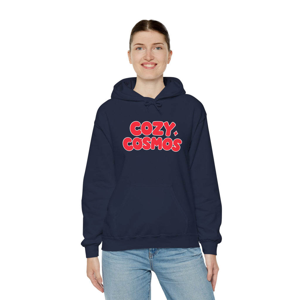 Cozy Cosmos Hoodie — Retro Red 'Cozy Cosmos' Graphic Pullover