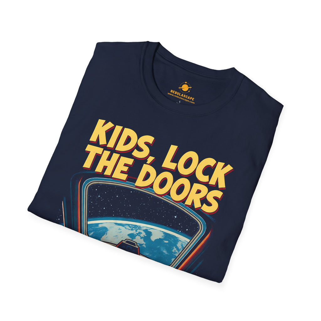 Kids, Lock The Doors T-Shirt — Funny Retro Space Alien ‘We Are Passing Earth’ Tee