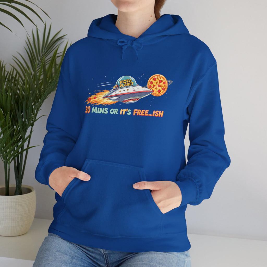 Pizza UFO Hoodie — “30 mins or it’s free...ish” Funny Space Pizza Hoodie