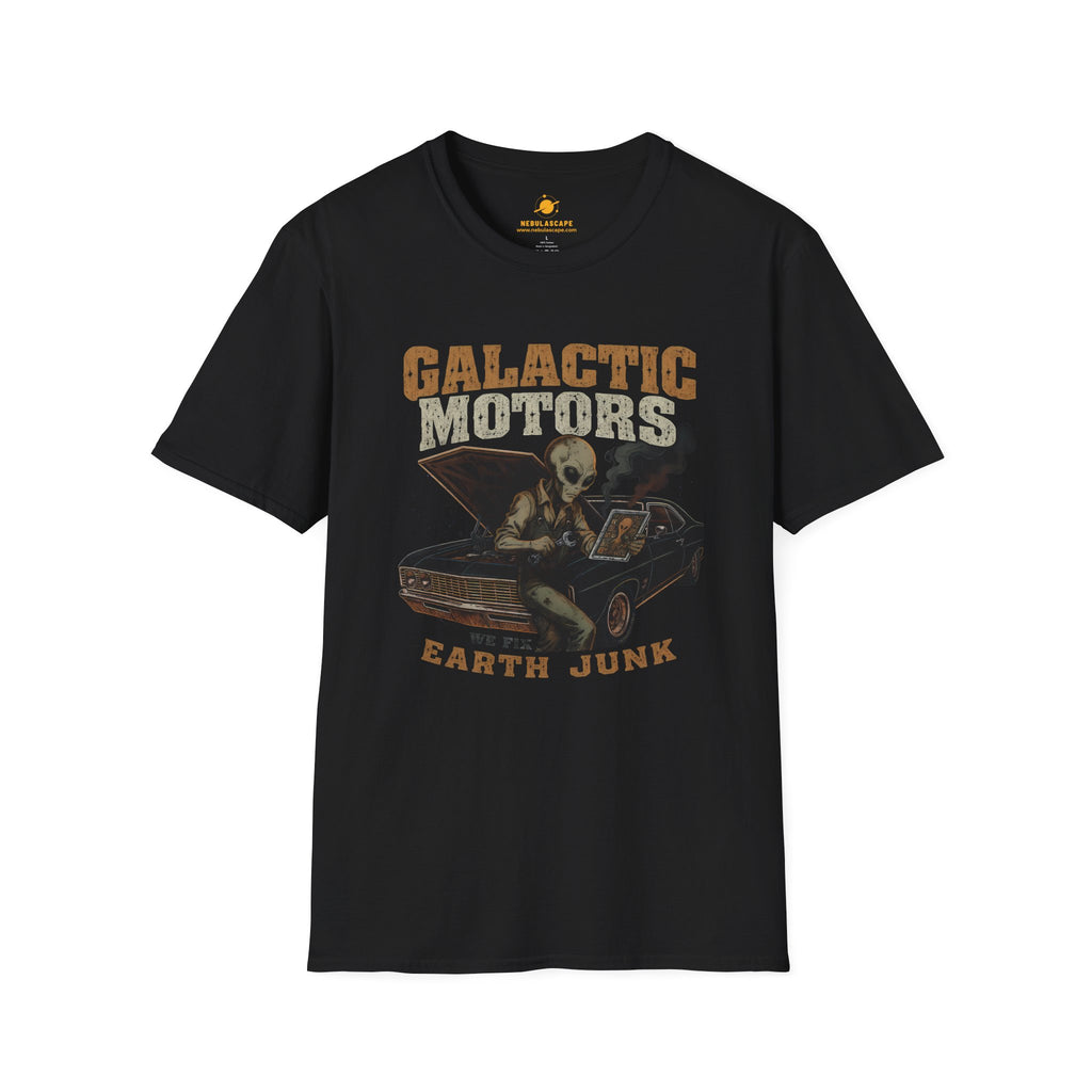 T‑Shirt — Galactic Motors: 'Earth Junk' Alien Mechanic Retro Graphic Tee